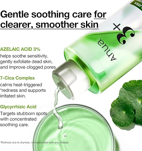 Miniatura 3 de Anua Tónico aclarante de piel CICA de ácido azelaico 3, cuidado calmante y claro, con ácido salicílico y ácido azelaico, cuidado de sebo y manchas,