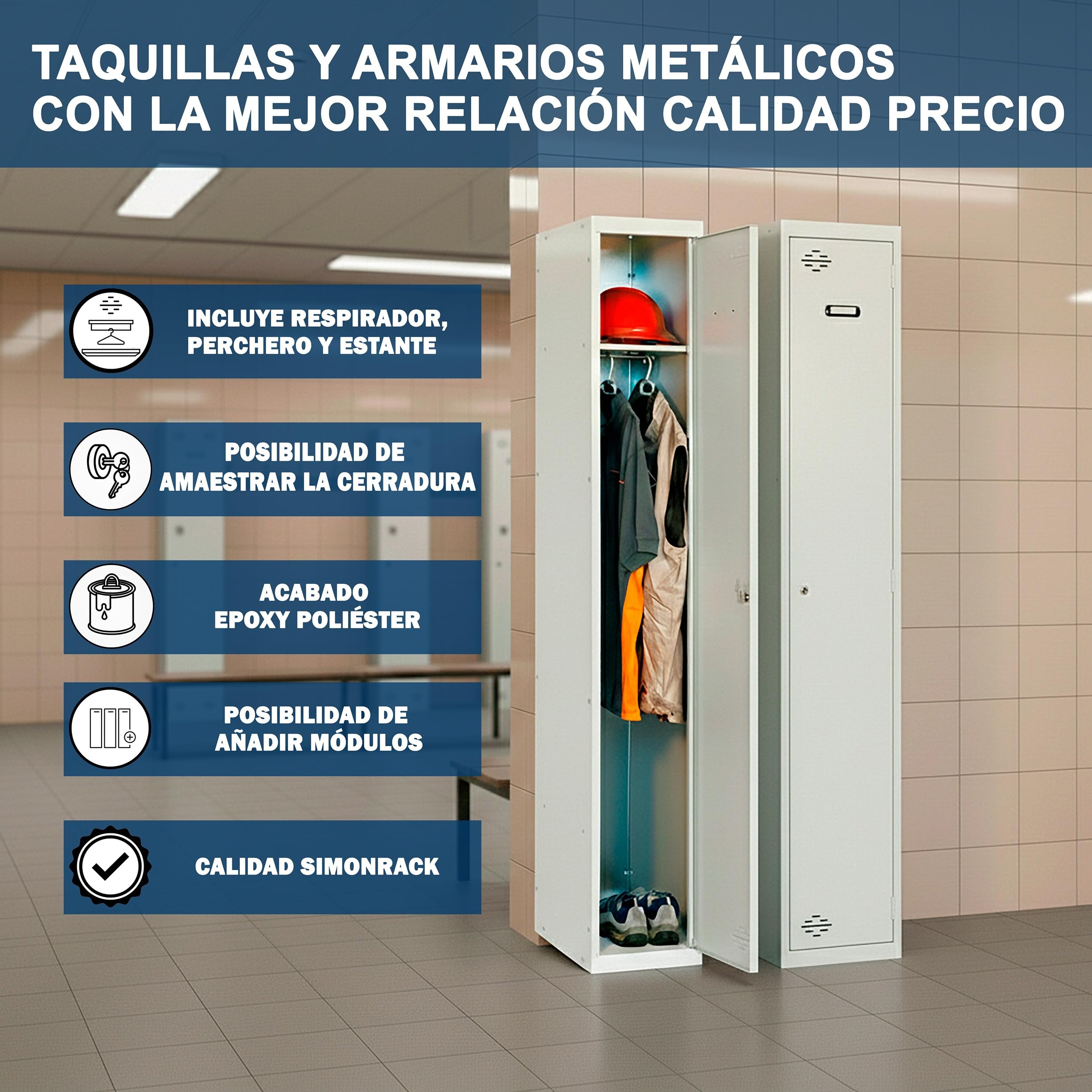 Simon Rack Taquillas Vestuario Metálica, 1800x800x500 mm, 1 Puerta, 2 Módulos, Incluye Llave, Gris - Simonlocker