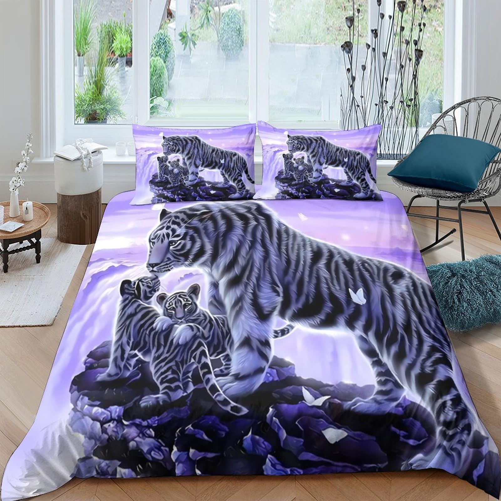 3D Printed White tiger family Comforter Cover Premium Polyester Fantasy wildlife art Duvet Cover Shrink Resistant Stain Resistant Soft Comfortable Easy Care for Home Bedding Single（140x200cm）