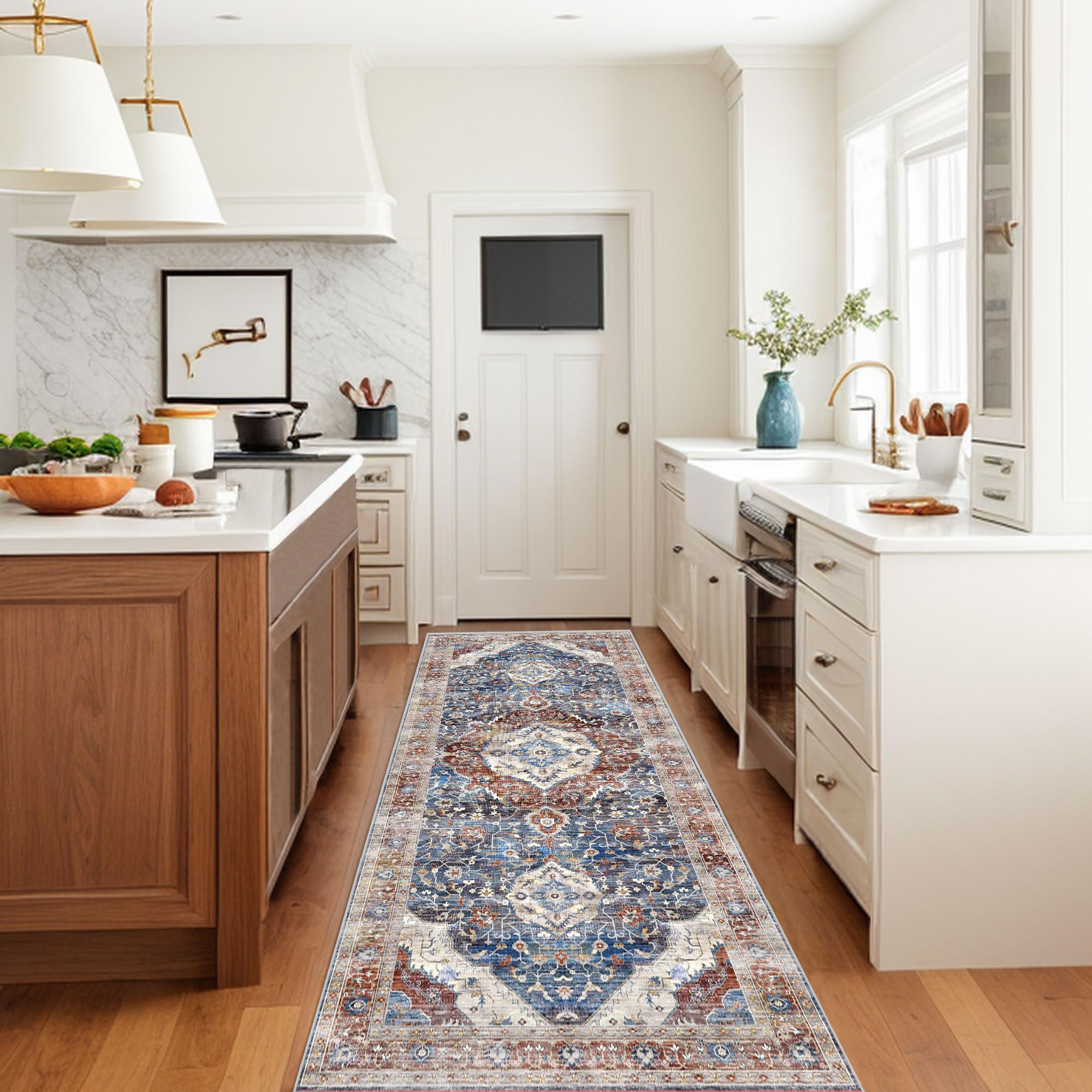 Washable 3x8 Runner Rug Runner Carpet Vintage Floral Medallion Boho Oriental Non-Slip Runner Rug for Hallways Bathroom Bedroom BrownNavy Blue