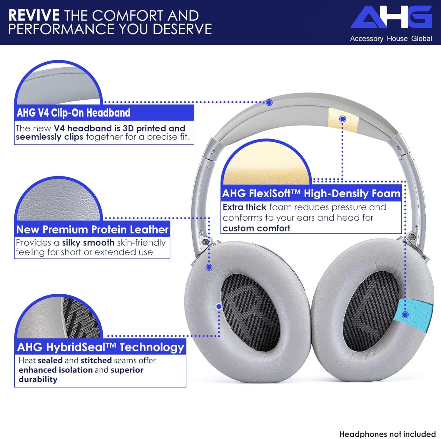 AHG QC35 earpads / QC35 ii Headband pad Cushion kit. Compatible w/Bose QuietComfort 35 ii / QC35 Headphones (Grey). Premium Headband Design | Seamless DIY Assembly | Superior Comfort and Durability