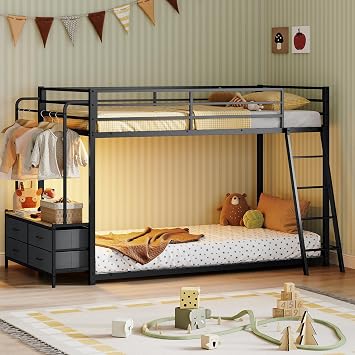 JOYMOR Bunk Bed Twin Over Twin with Clothes Hanger, 4 Storage Drawers, LED Lights,Charging Station, Full-Length Guardrail & Inclined Ladder, Kids Metal Bed Space-Saving for Kid Rooms Black