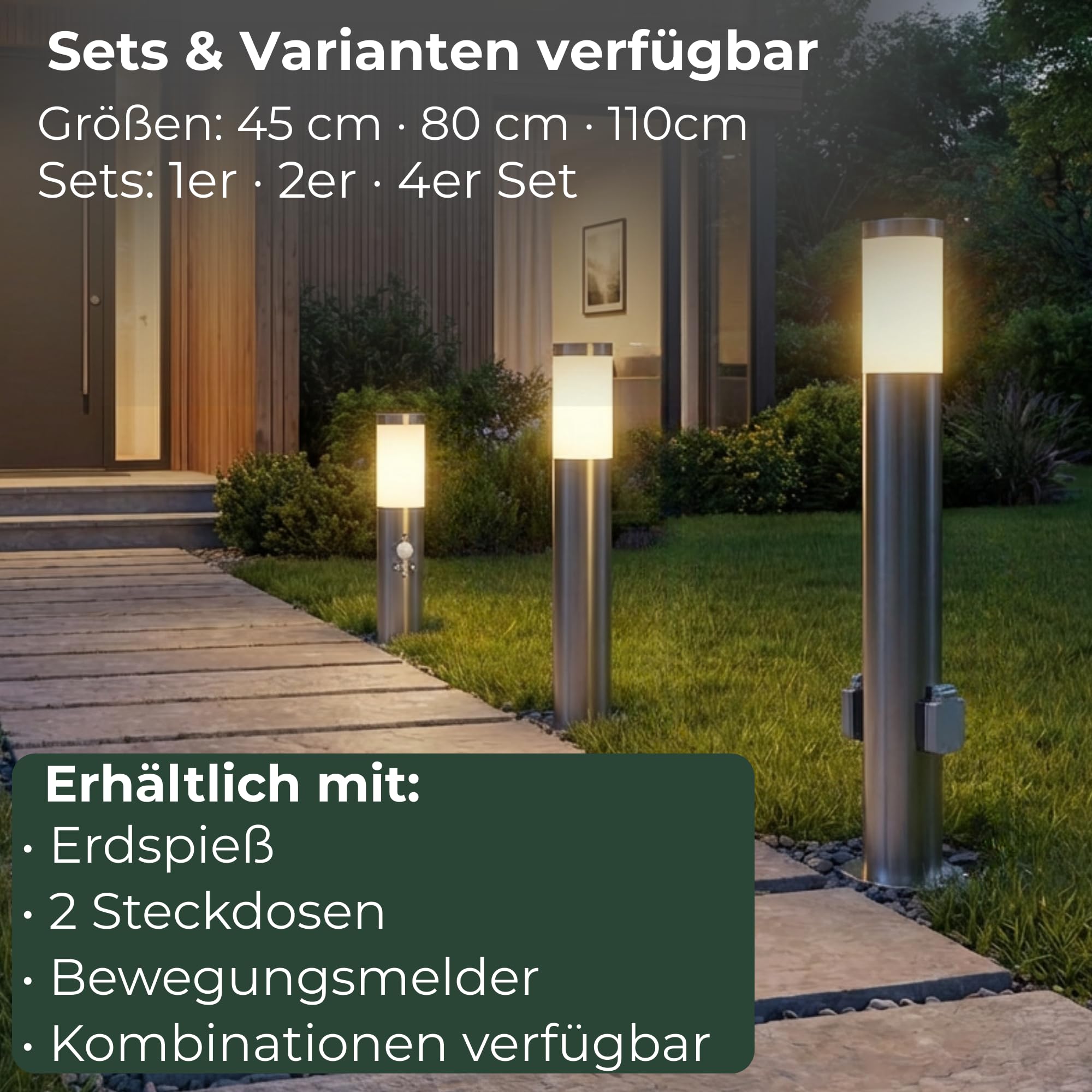 Novatool Gartenlampe I 80 cm I mit 2 Steckdosen I Edelstahl I IP44 I E27 Sockel I Gartenleuchte Stehlampe Säulenlampe außen Aussenleuchten Steckdosenverteiler Steckdosenturm Gartensteckdose…