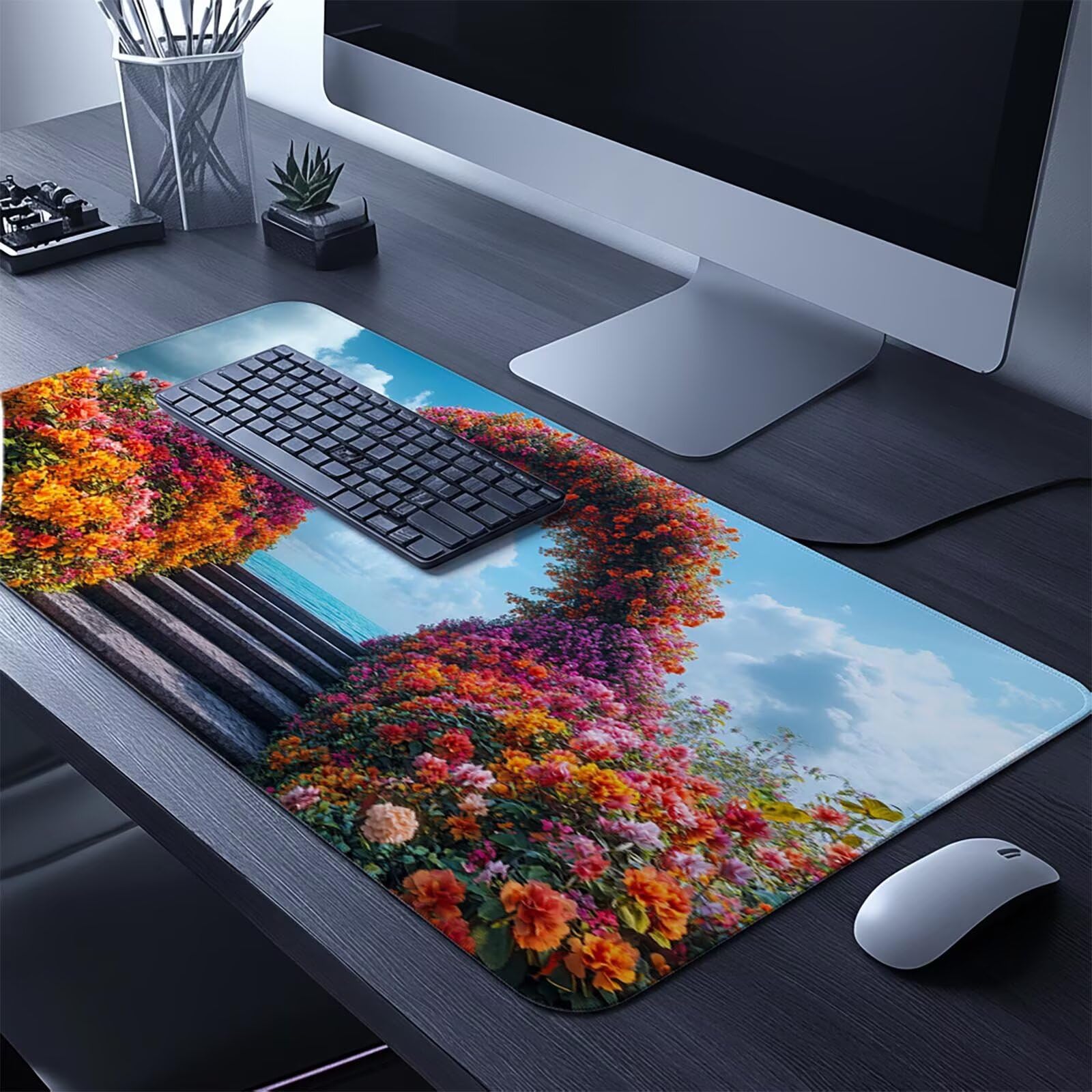 Podkładka pod mysz z motywem kwiatowym, XXL, 60 x 140 x 0,3 cm, podkładka na biurko, wodoodporna, gamingowa, poprawia prędkość, akcesoria do gier, laptop, biuro, prezent dla mężczyzn, FSBD-2379