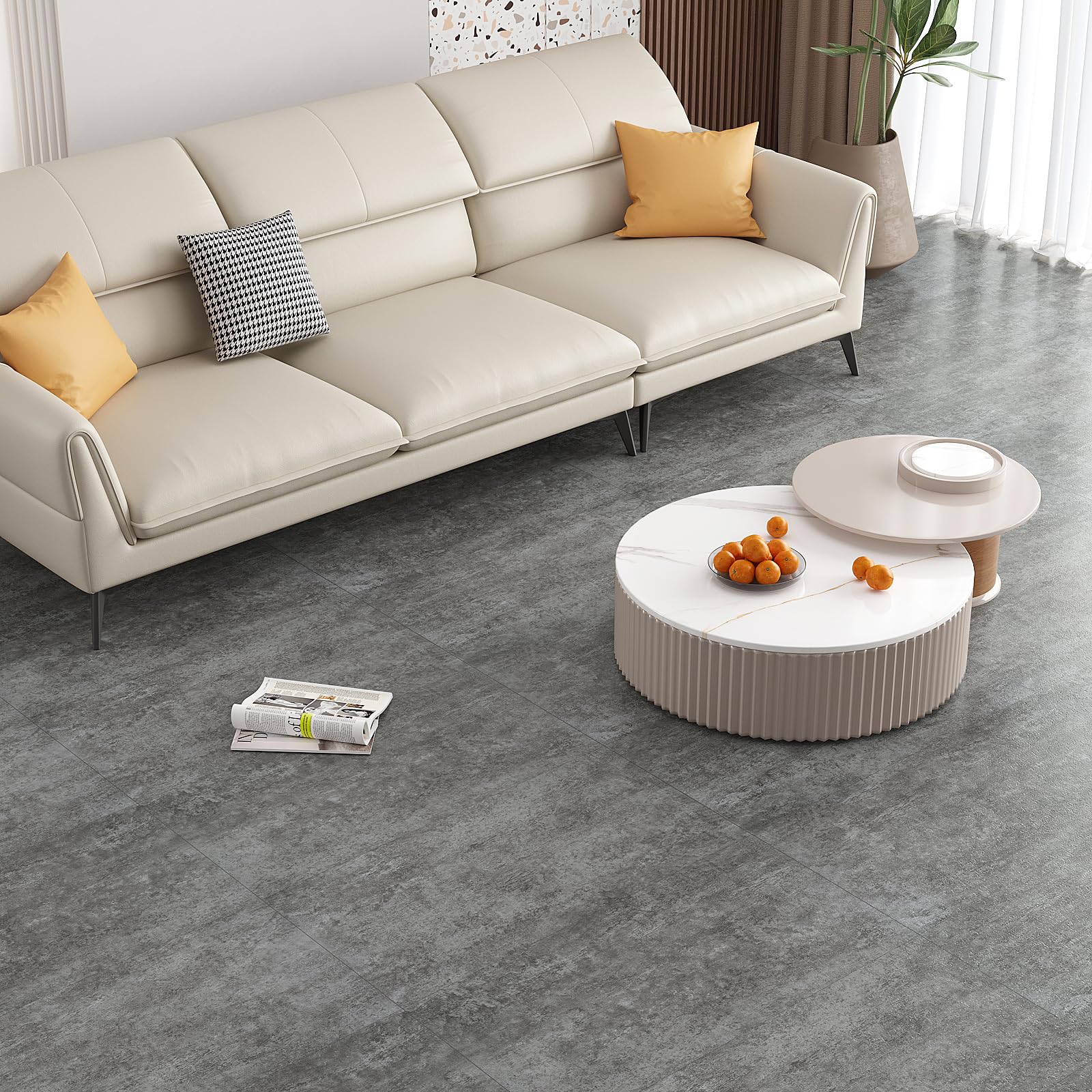 VEELIKE Suelo Vinilo Autoadhesivo Gris Vintage Vinilo Suelo Cocina Adhesivos Pegatinas de Baldosas Suelo Vinilico Cemento Papel Adhesivo para Azulejos Baño Habitación Salon 1,5mm 60cm×30cm 24 Piezas