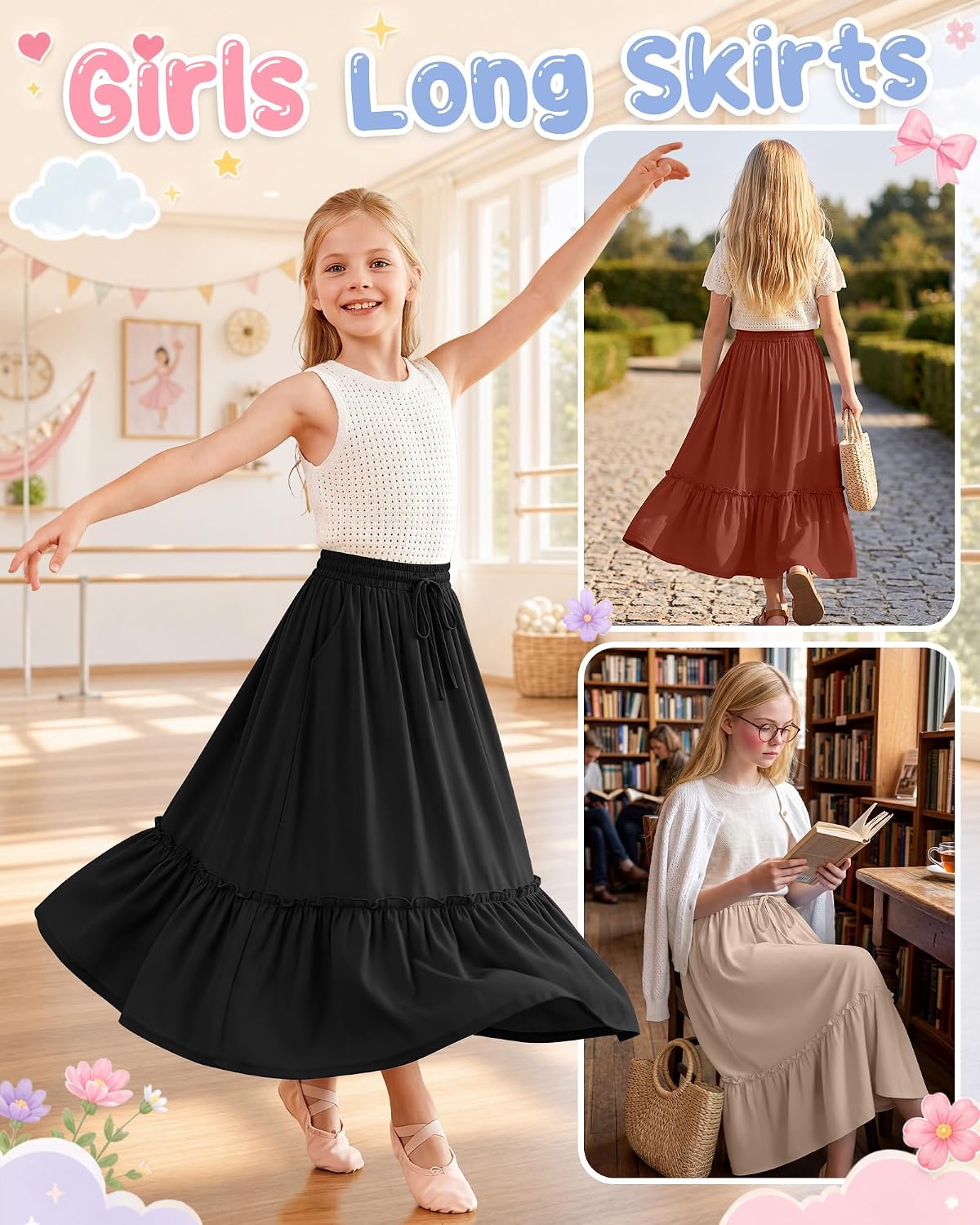 3 Pack Girls School Uniform Skirts | Back to School, Boho Skirt, Ankle Length, Flowy, Tiered Ruffle, Drawstring, Pockets, Summer, Church, Modest, Vacation