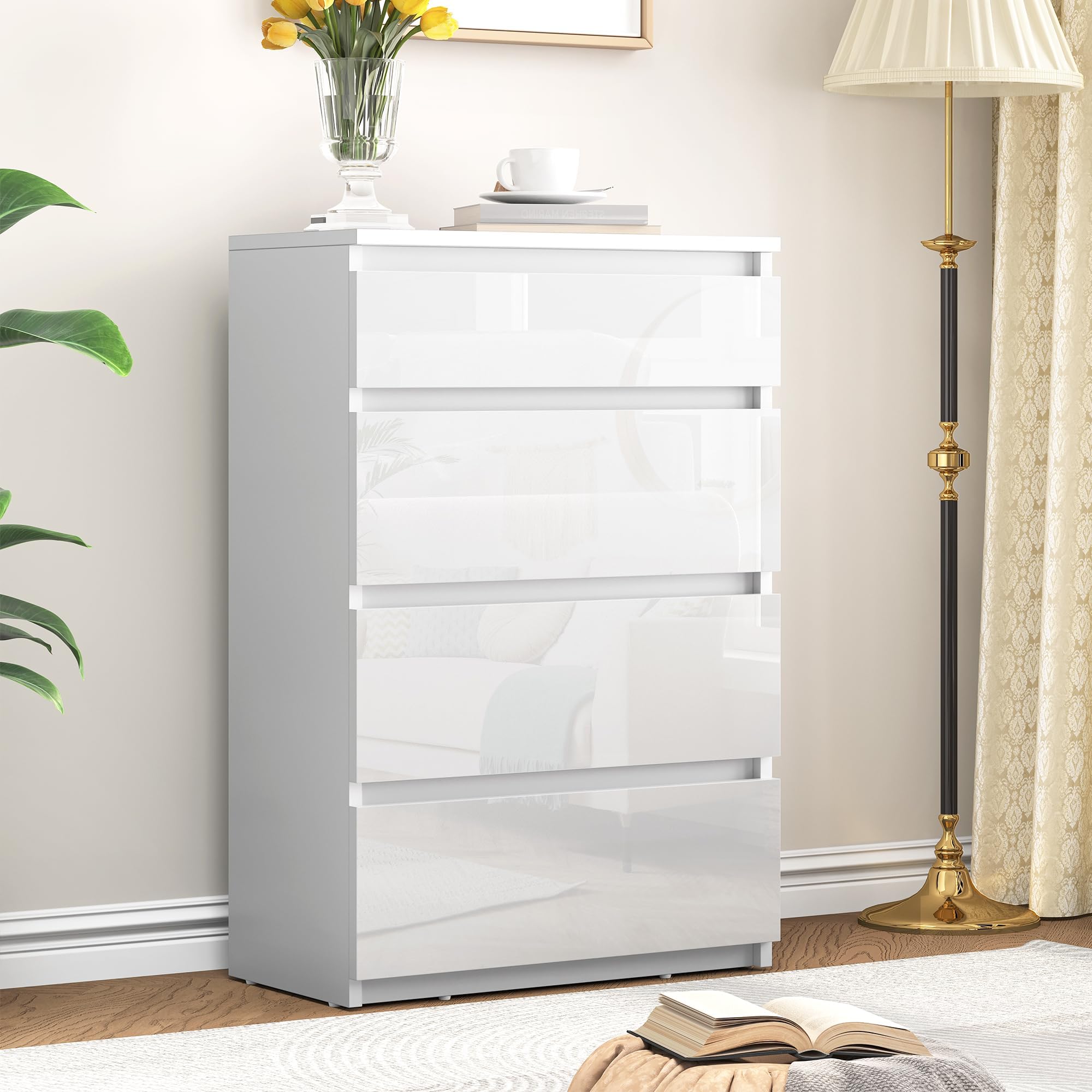Commode Linoows 5 Tiroirs Style Shabby Blanc - Pin Et MDF - Pour Maison De Campagne