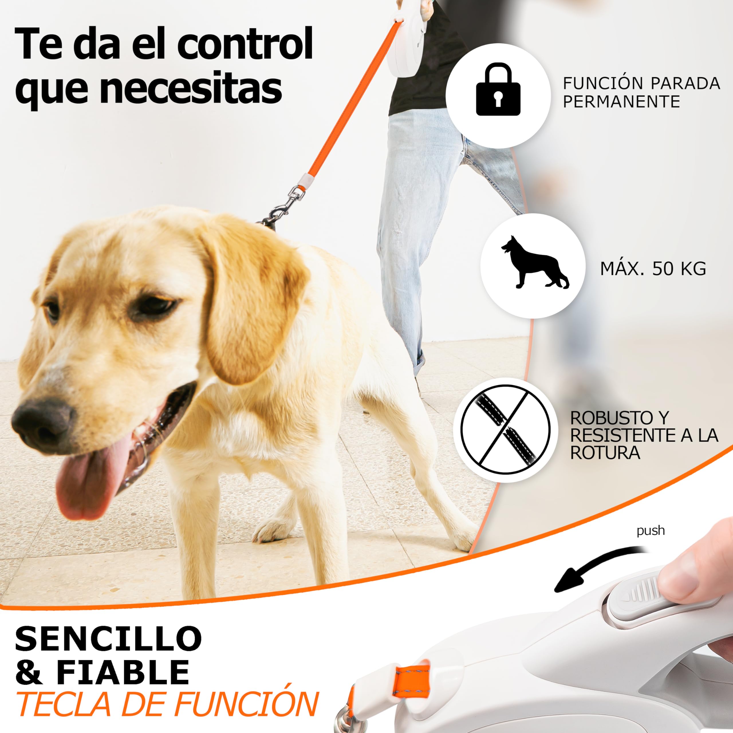 Correa Perro Extensible 8m para Perros Grandes de hasta 50kg, Correa Reflectante Naranja Brillante con Mosquetones Metálicos de 360°, Asa Ergonómica de Goma, Freno Retráctil, Blanco