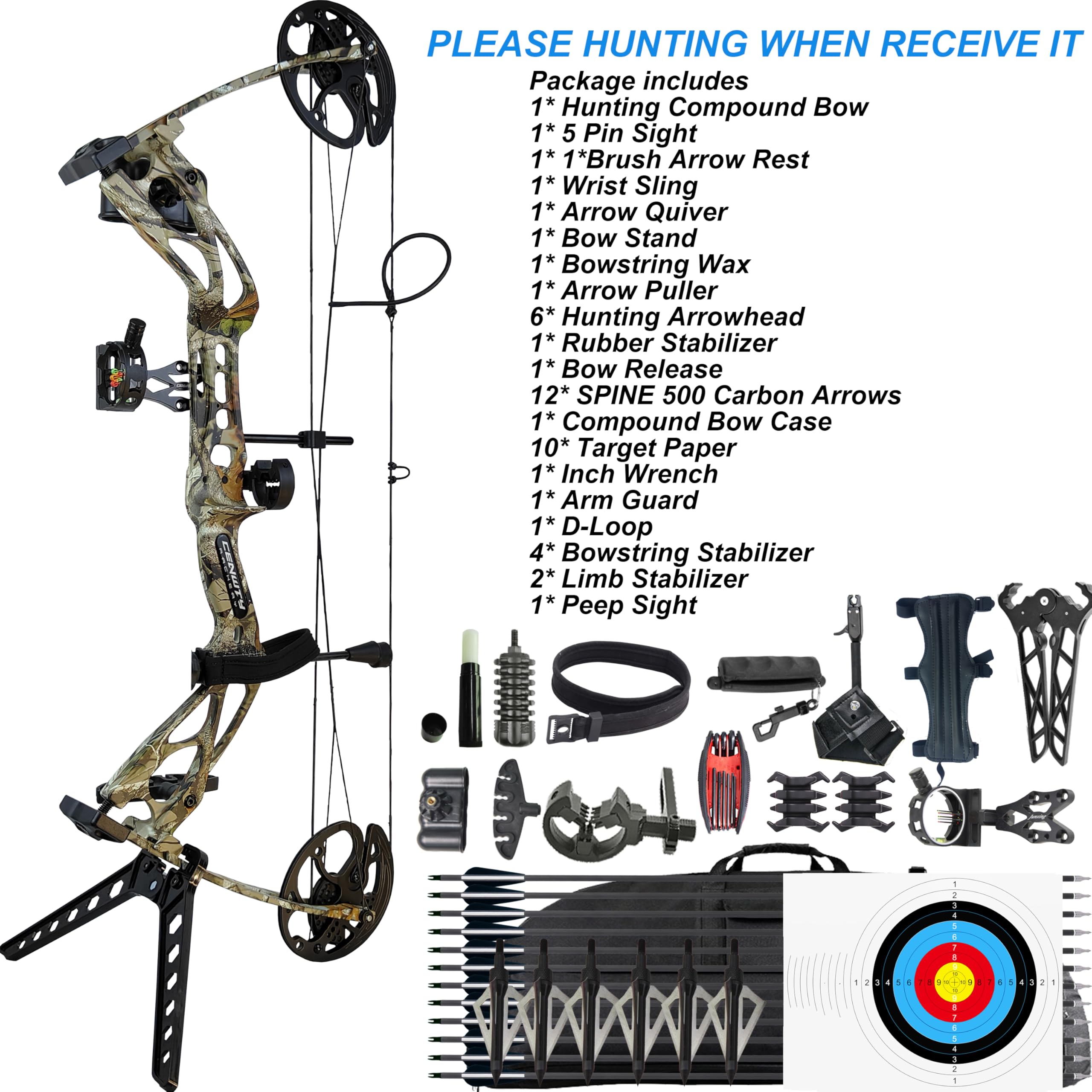 Bogenschießen Compoundbogen-Set 0-70 LBS, Auszugslänge 16,5-30“, IBO 325 fps, Jagd Compoundbogen mit sämtlichem Zubehör für Bogenschießen, Jagd und Zielschießen RTH