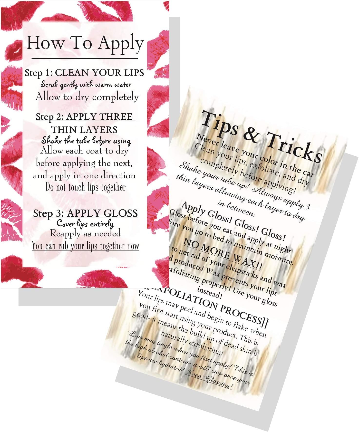 How To Apply LipSense by SeneGence Cards | 50 Pack | Business Card Size 2x3.5" inches | Tips and Tricks Double Sided | Lips and Tassels Design