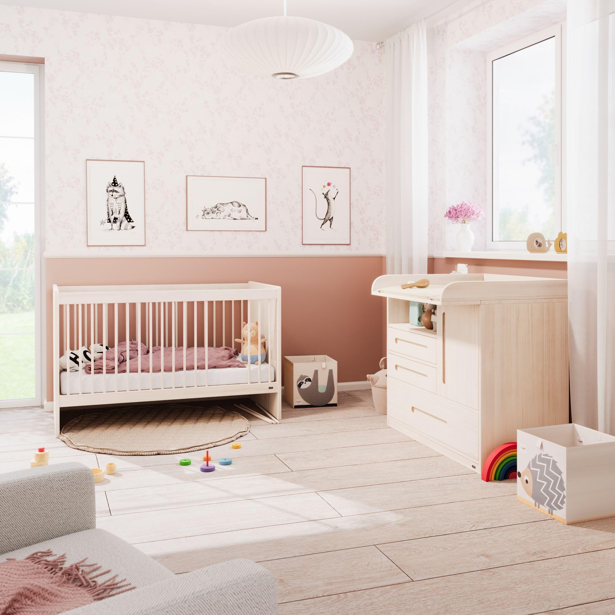 BioKinder Wickelkommode Babykommode Kommode Lina mit 3 Schubladen und Tür aus zertifizierten Bio-Massivholz 100 x 110 x 80 cm