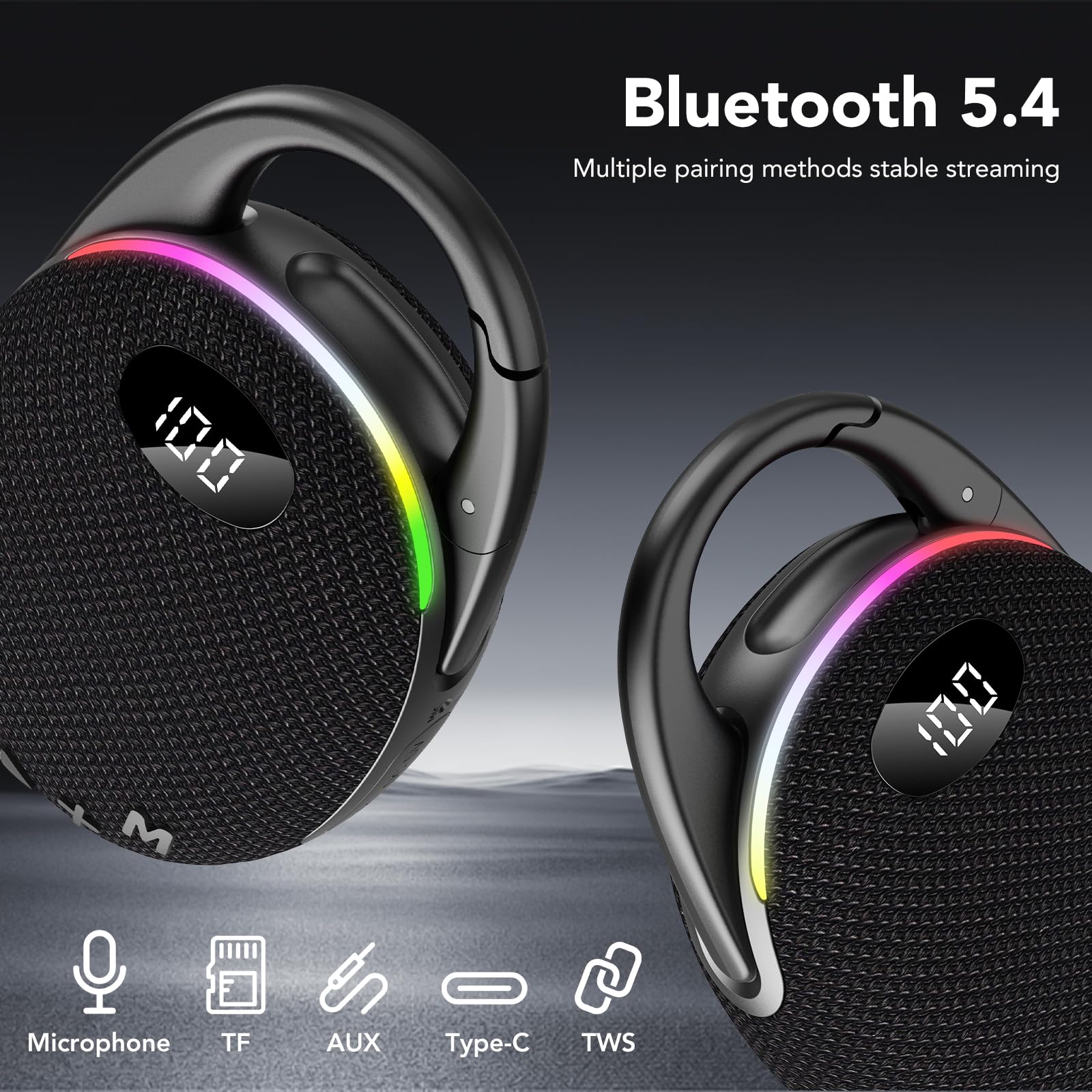 Portable Mini Bluetooth Speaker with HD Sound, LED Power Display, Big Pro Sound with Punchy Bass,Integrated Carabiner, 25H Playtime, Colorful RGB Lights, TWS pairing,Outdoor/Party/Travel, Gift Ideas — view 5