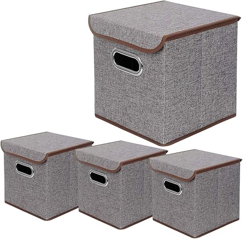 BeigeSwan Contenedores de almacenamiento Juego de 4 Contenedores plegables de tela de lino con tapa cajas organizadoras plegables C 10 x 10 x 10