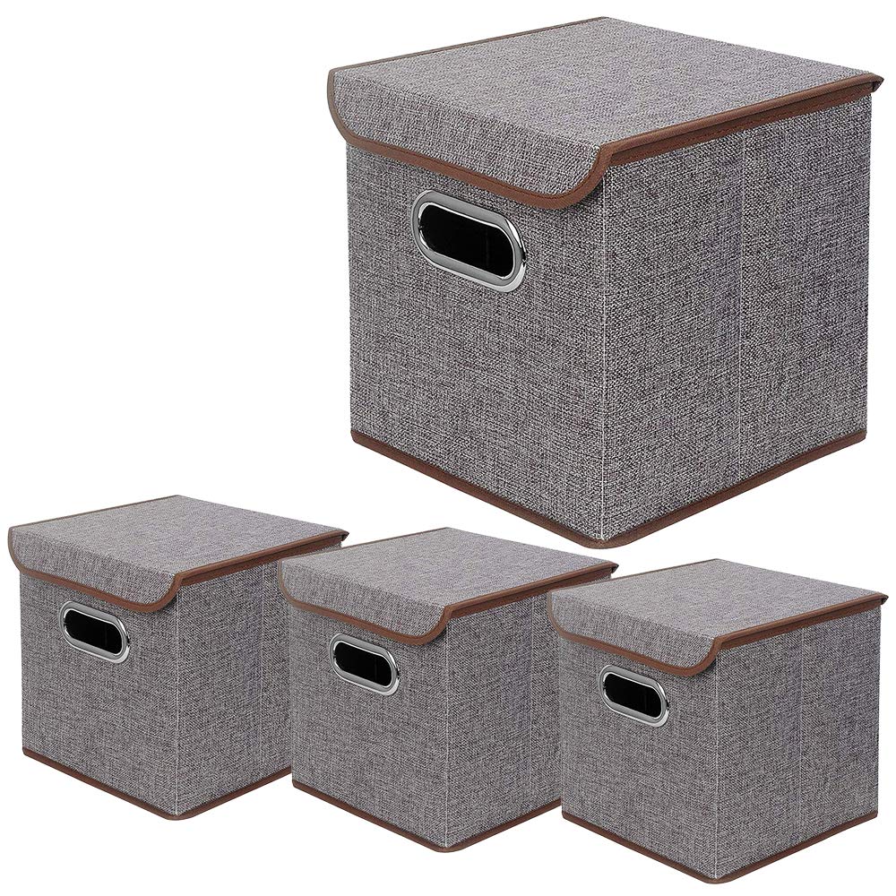 Storage Bin Set of 4 Linen Fabric Foldable Container with Lid Collapsible Organizer Boxes Cubes - 10 x