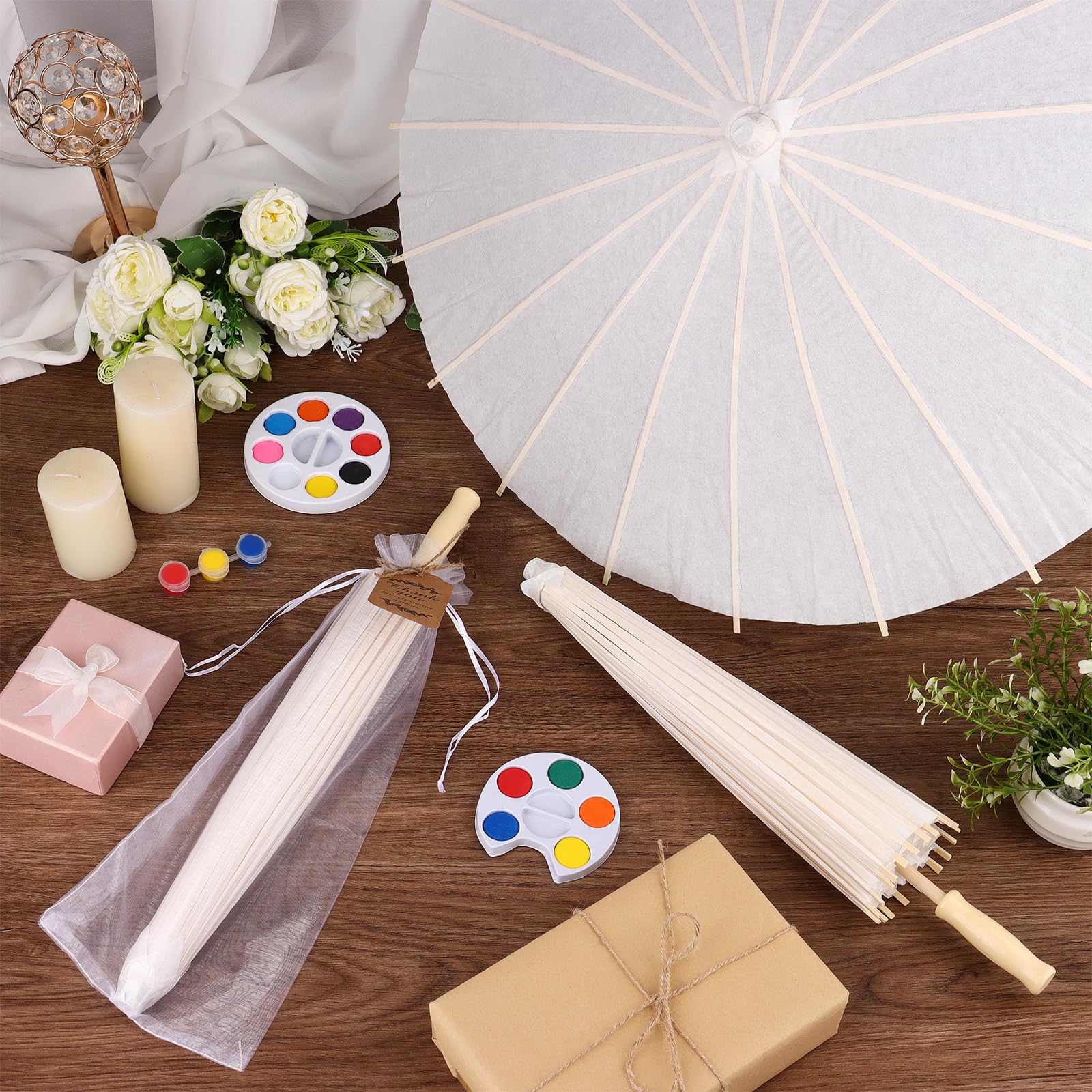 60cm Wedding Paper Parasol Umbrellas Set Thank You Cards White Drawstring Bag Favors Chinese Japanese Umbrella DIY Oiled Paper Painting Parasol for Photography Props Bridal Decor