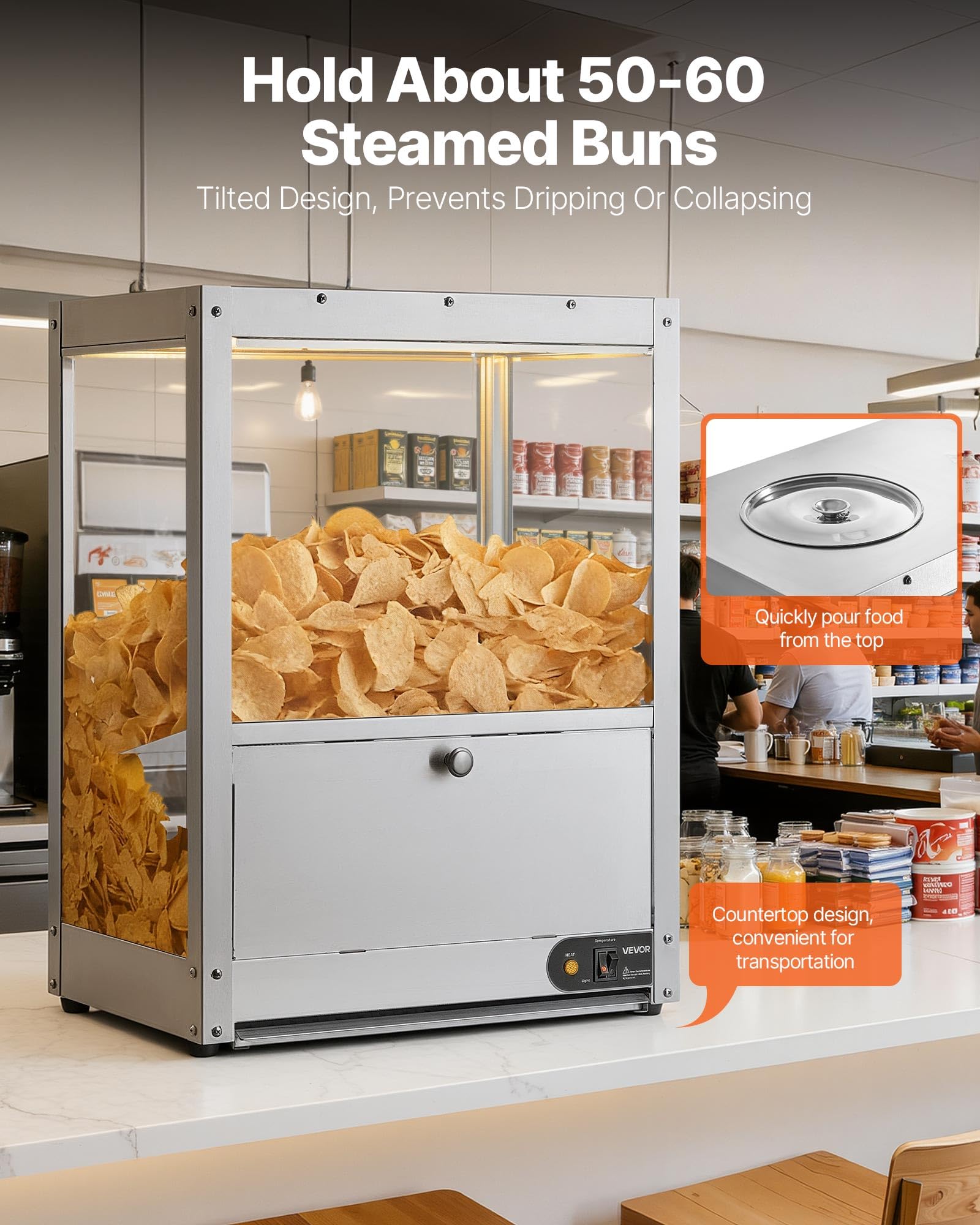 VEVOR Vitrine Chauffante 80 L, Chauffe-Nachos avec Base et Lampe Chauffante, pour Chips de Pomme de Terre Popcorn Cacahuètes Stade Cinéma Supérette Cafétéria Bar à Snacks, Présentoir à Chaud en INOX