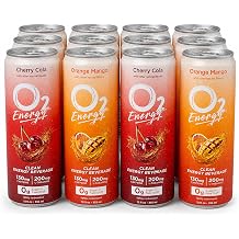 O2 Energy Variety Pack - Zero Sugar Sparkling Energy Drink with 130mg Natural Caffeine, 200mg L-Theanine & Electrolytes - Cherry Cola + Orange Mango - 12 fl oz Cans Pack of 12
