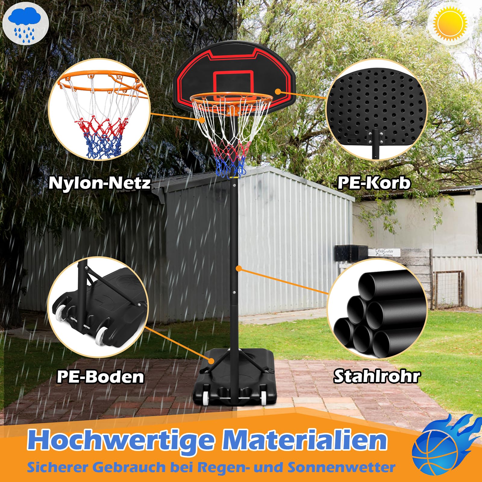 LZQ Basketballkorb Outdoor Kinder mit Rollen und Basketball, Basketballkorb Indoor Höhenverstellbar 156-208cm, Basketball Korb Standfuß mit Wasser oder Sand, Basketballständer Basketballanlage