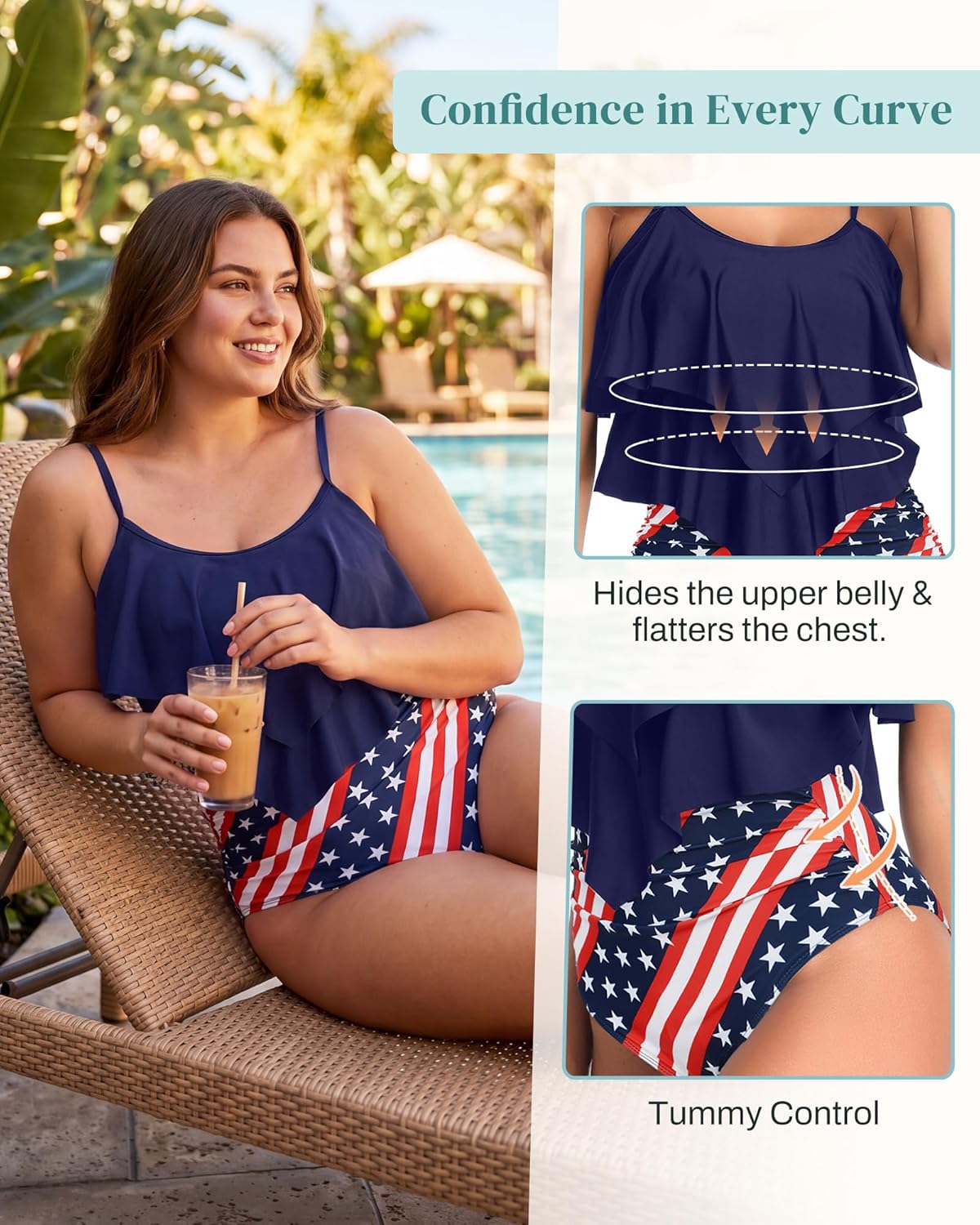 American Trends High Waisted Tankini Swimsuits for Women Flounce Top Tummy Control Bathing Suits