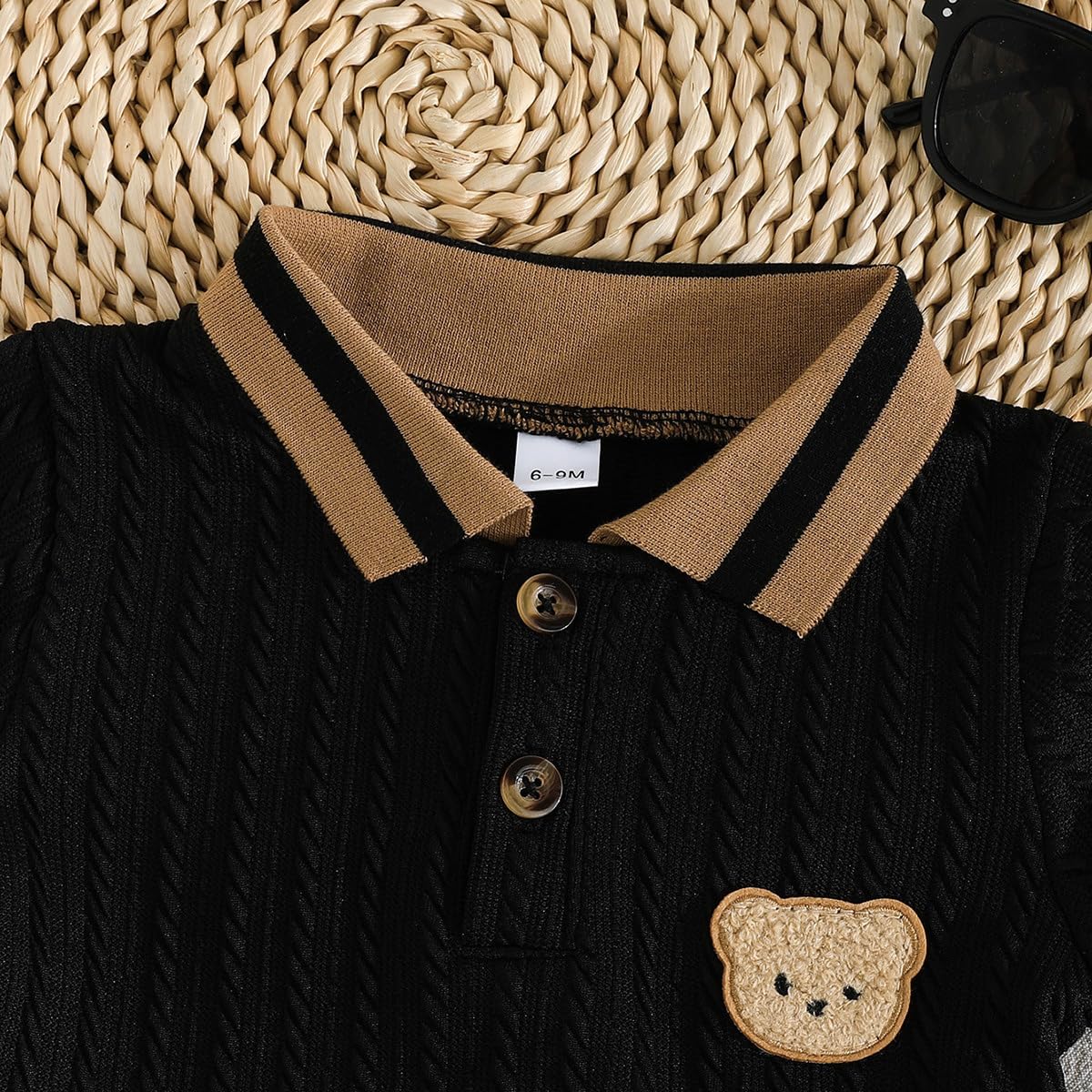 Ensemble Vêtements pour Bébés Garçons Été Tenues Polo Ours Mignon à Manches Courtes Short à Boutons et Poches 2Pcs Printemps Vêtements - 4