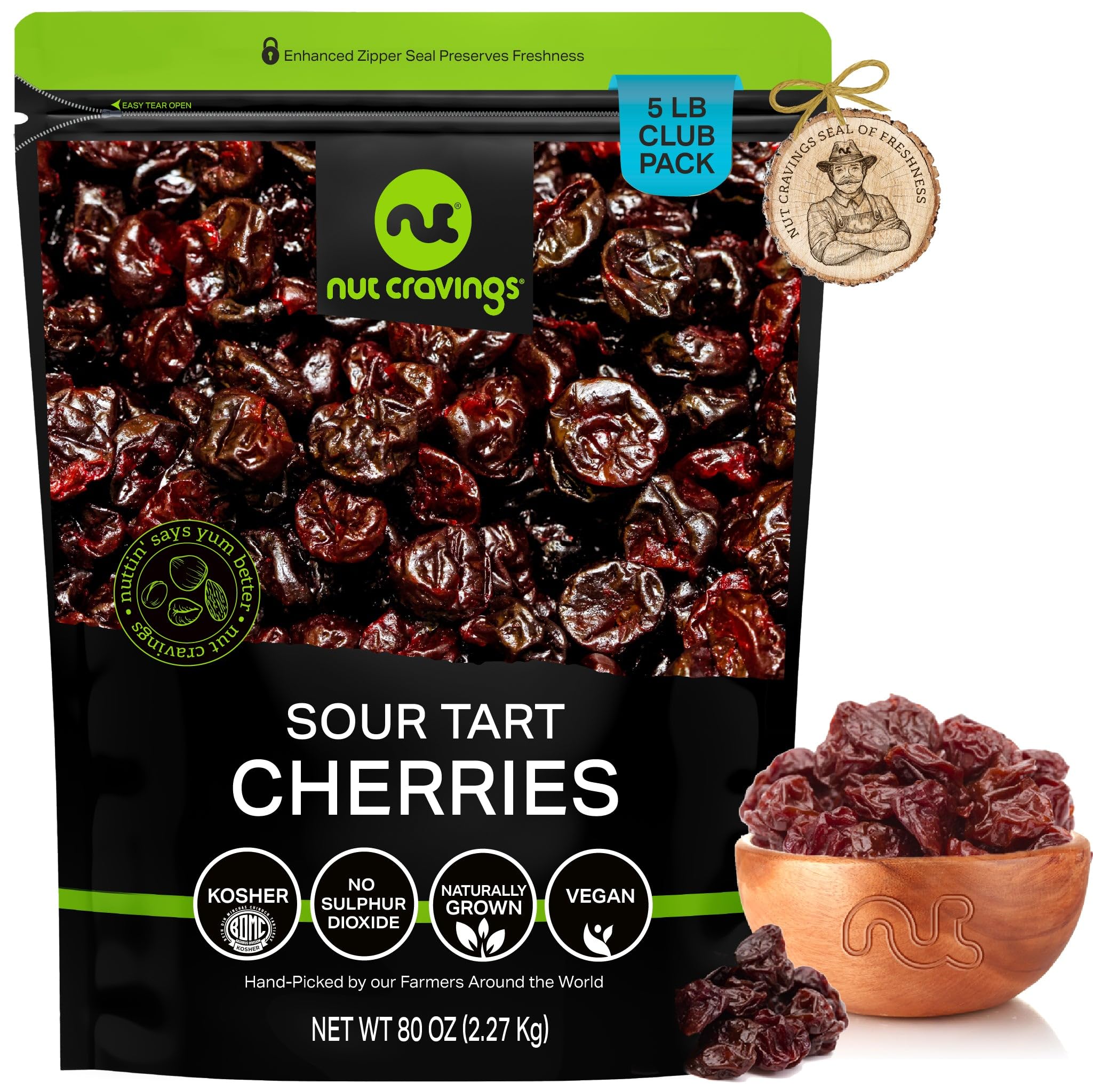 NUT CRAVINGS - Sun Dried Sour Tart Cherries, Lightly Sweetened, Unsulphured (80oz, 5 LB) Bulk Dry Fruits Packed Fresh in Resealable Bag - Sweet Healthy Snack, Naturally Grown, Vegan, Kosher
