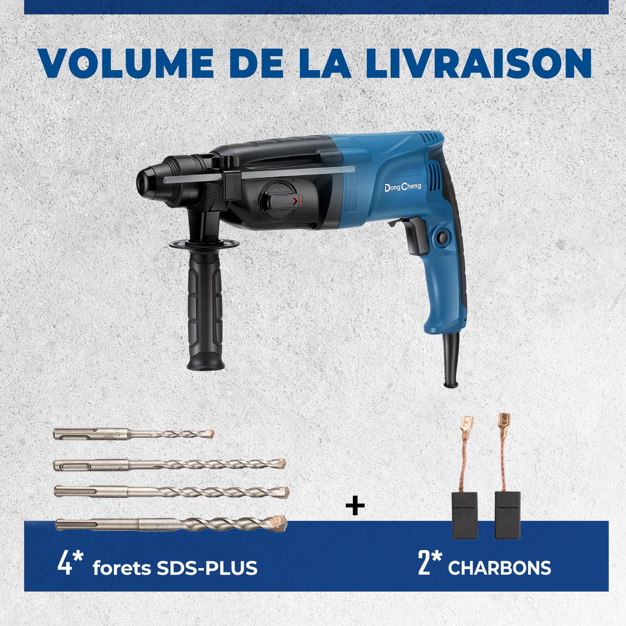DongCheng marteau perforateur 800W, énergie d'impact 2.8 J, vitesse de ralenti 0-1200U/min, avec 4 Drill Bit SDS plus, 26mm, perceuse 4 en 1, marteau de démolition, poignée anti-vibration