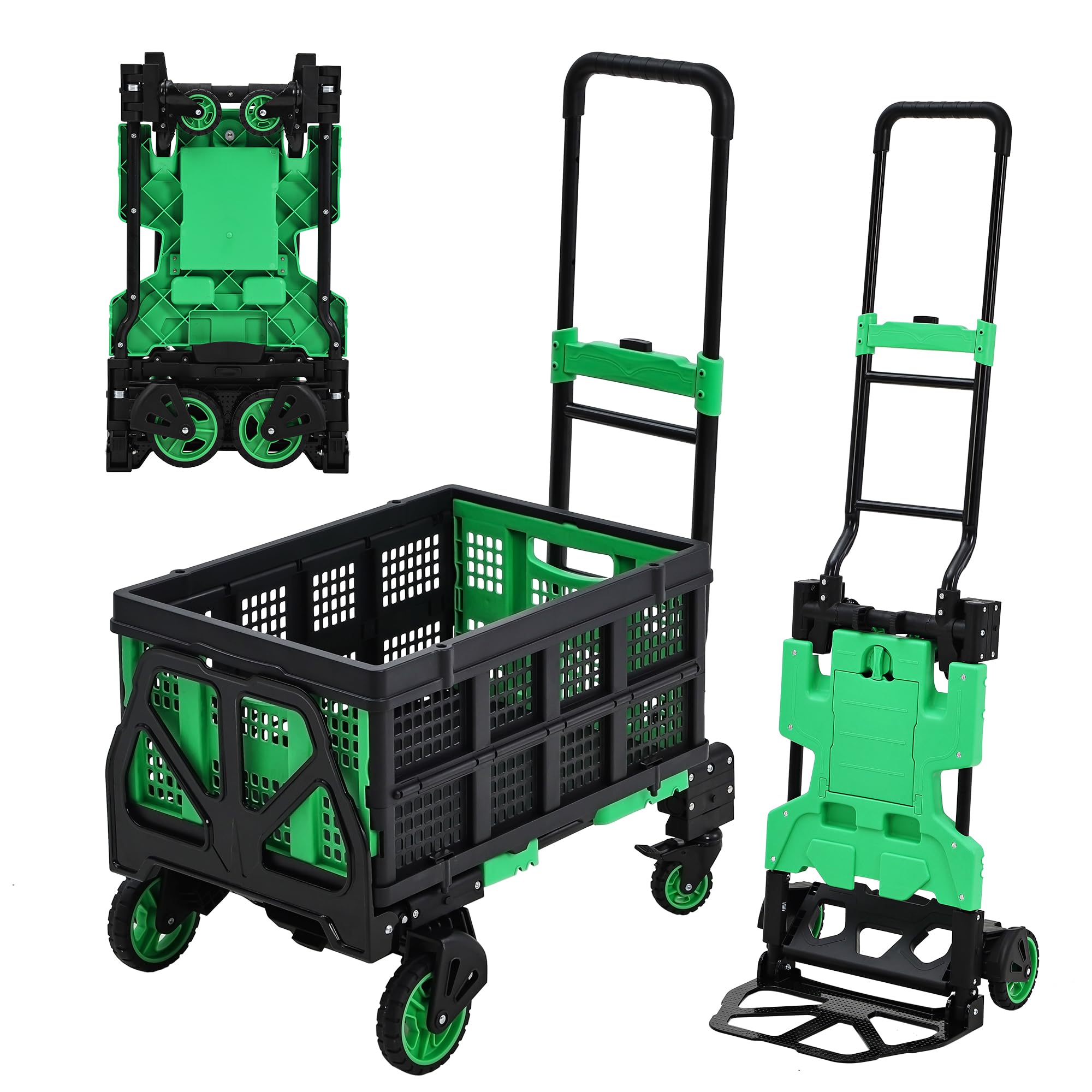 Folding Hand Truck, 330 LB Heavy Duty Dolly Cart with Foldable Basket, Foldable Hand Truck with Bungee Rope, Rubber Wheels and Retractable Handle for