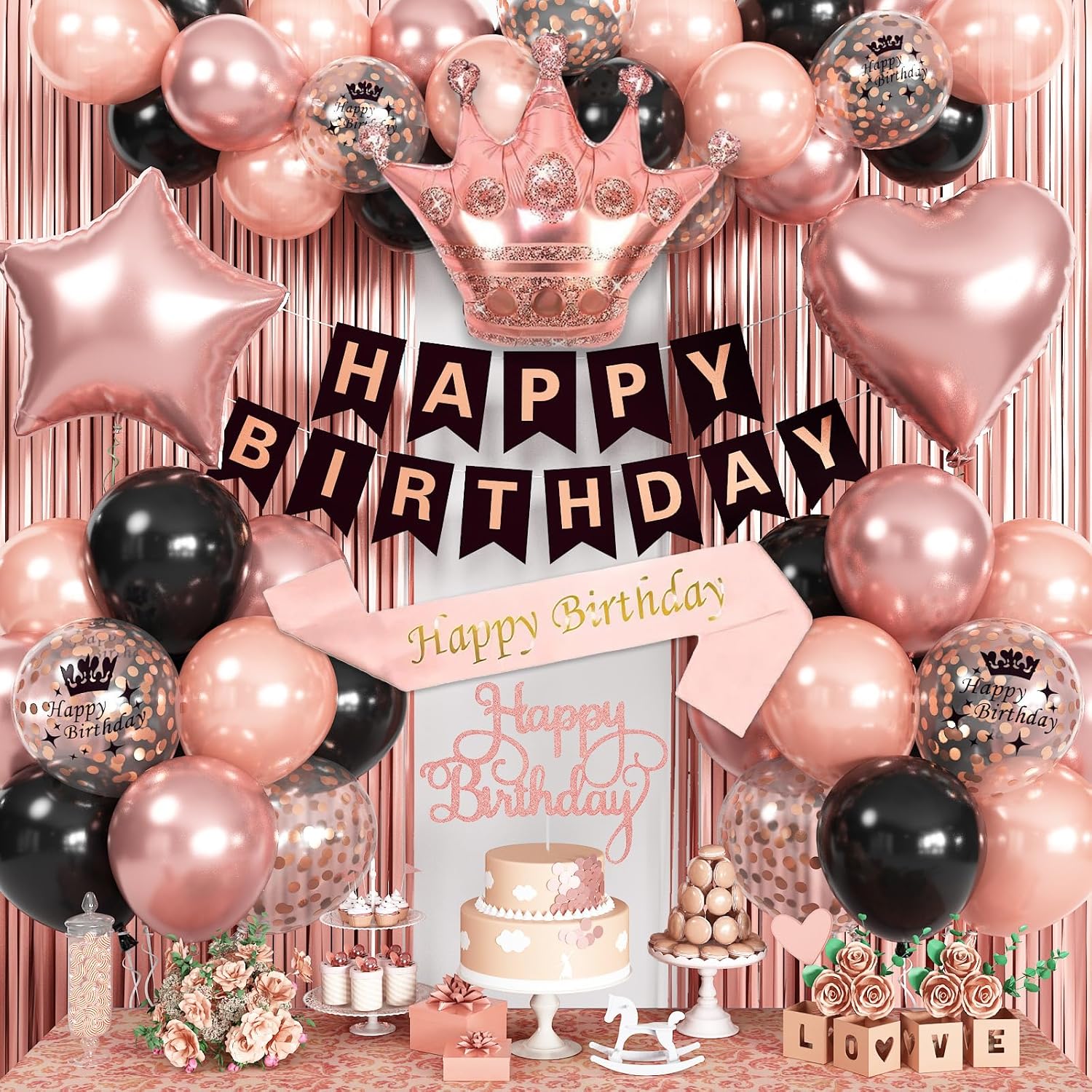 Rose Gold Birthday Decorations - Black & Rose Gold Balloons, Happy Birthday Banner, Sash, Cake Topper, Fringe Curtain & Foil Balloons for Girls' Party Supplies Rosegold 18 12 Inch