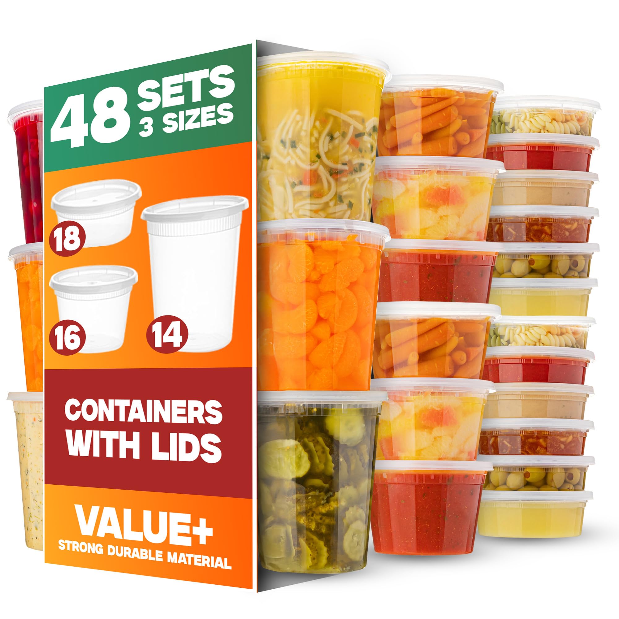 XpressPak Food Storage Containers With Lids - [48 Pack] - (8, 16 & 32 Oz) - Plastic Deli Containers With Lid's Variaty Pack - Soup Containers With Airtight Lids - Microwave, Freezer & Dishwasher Safe