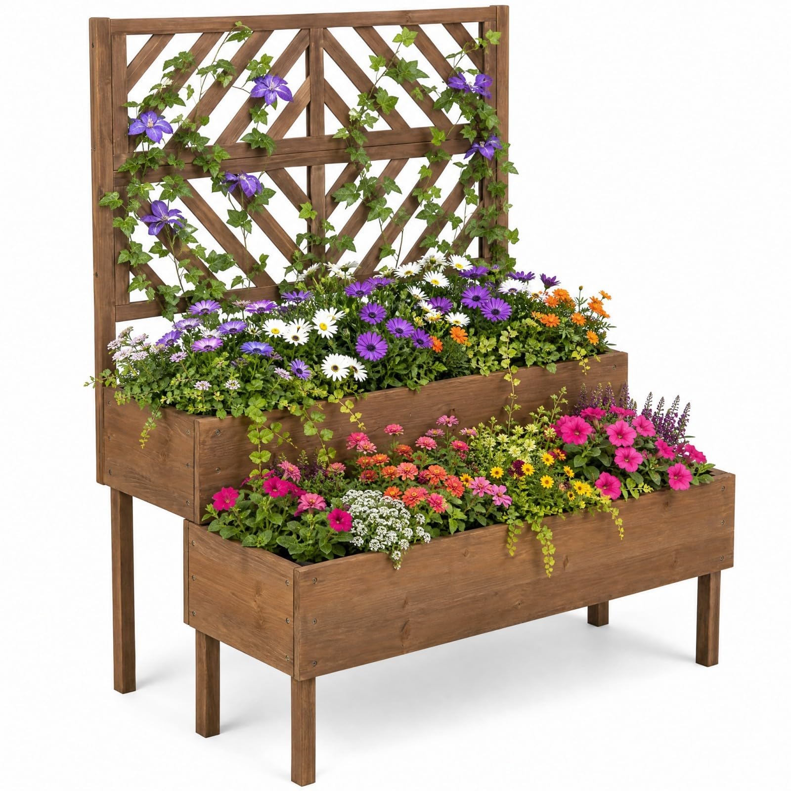 HOMASIS Jardinière avec grille en bois pour l'extérieur, treillis à 2 étagères, plantes grimpantes en sapin, drainage, 109 x 62 x 135