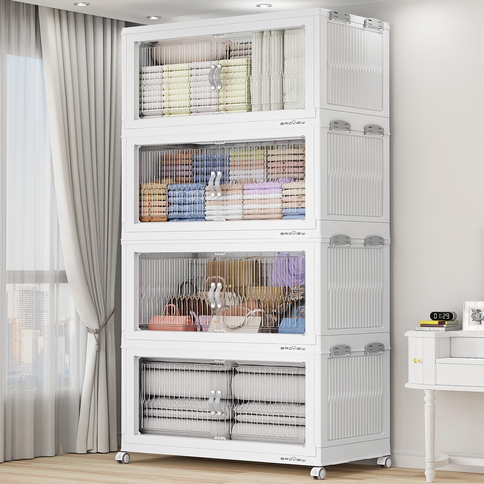 BROVIEW 800Qt Stackable Storage Bins with Lid for Home Dorm, 4Pack White