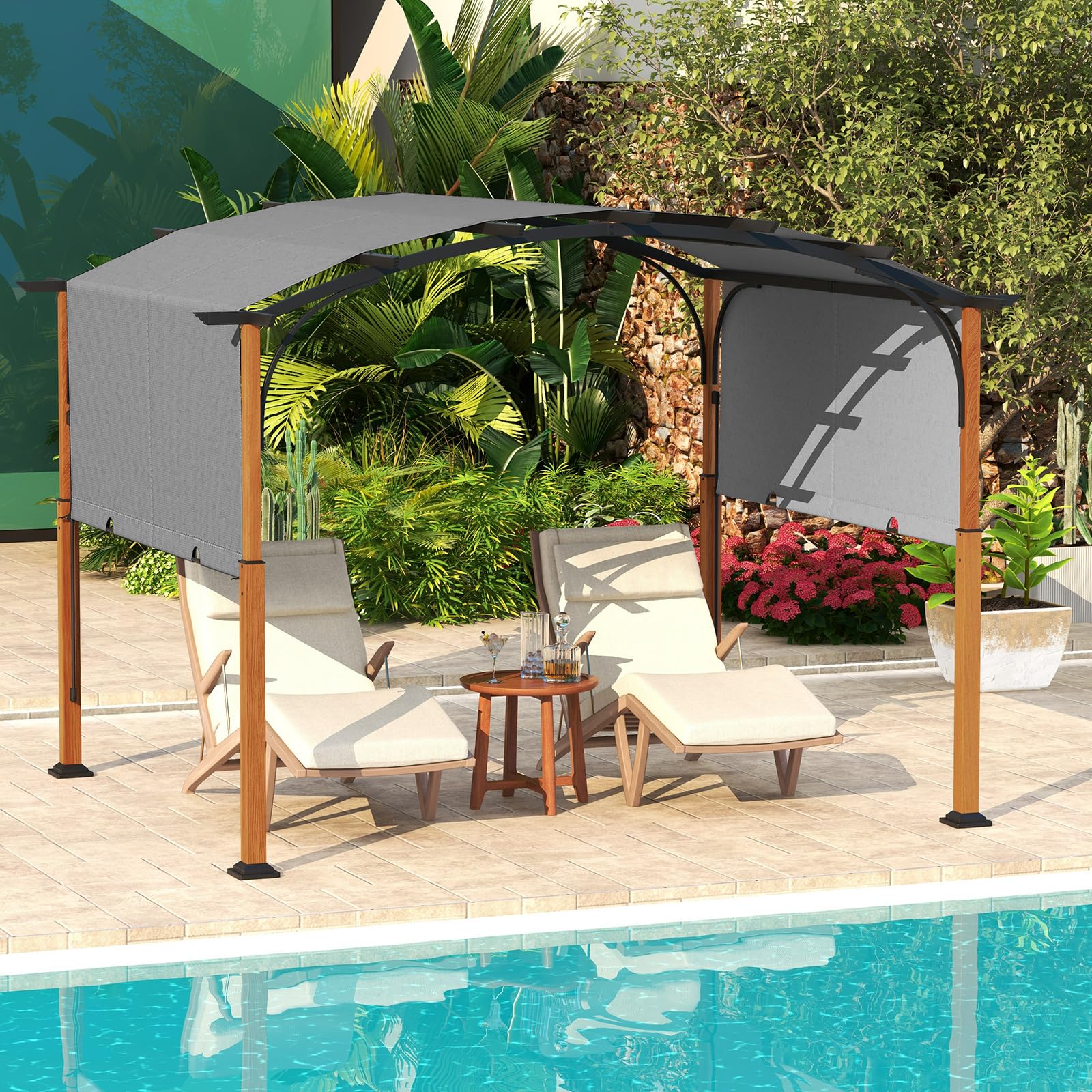 HOMASIS Pergolato Curvo 3,6 x 3m, Gazebo da Giardino con Copertura a Scomparsa, Gazebo Esterno Resistente con Tetto Regolabile in Poliestere, Tettoia per Esterno, Cortile (Grigio)