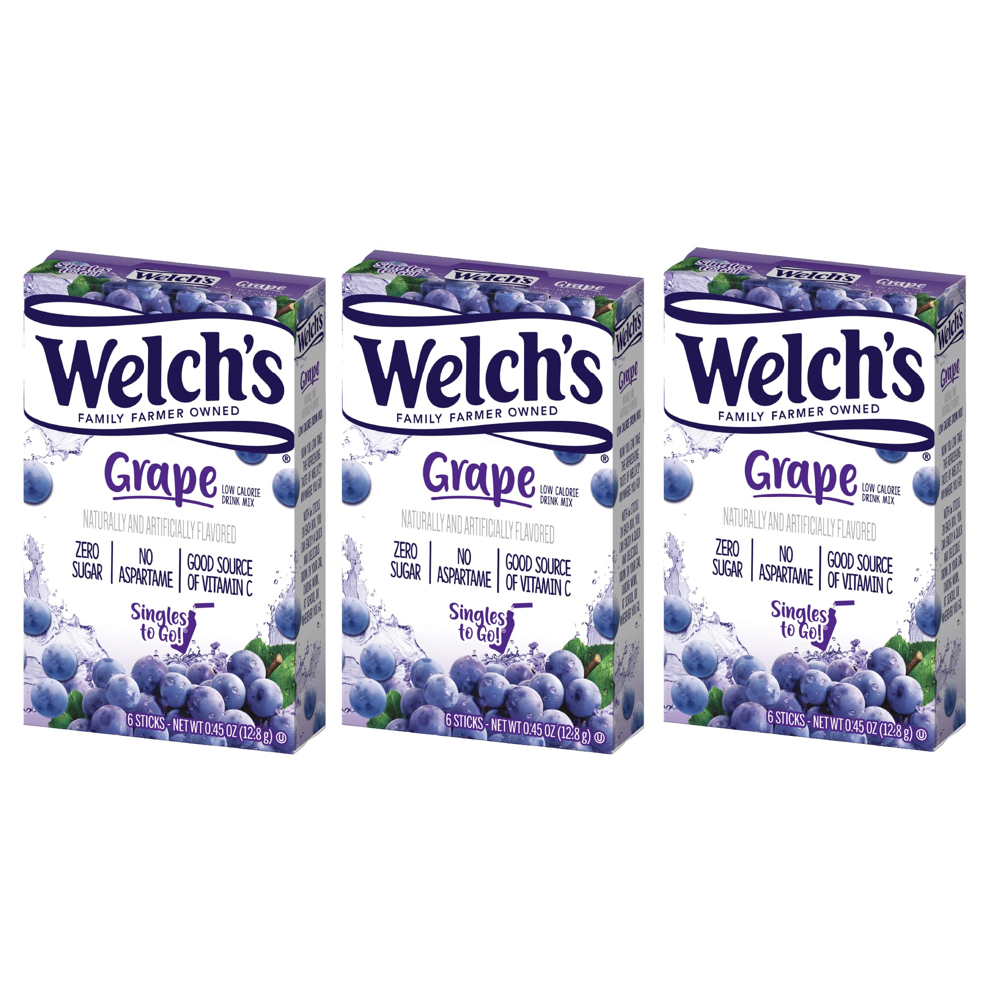 Welch's Singles To Go Powder Drink Mix, Grape, 3 Boxes With 6 Packets Each (18 Sticks Total)