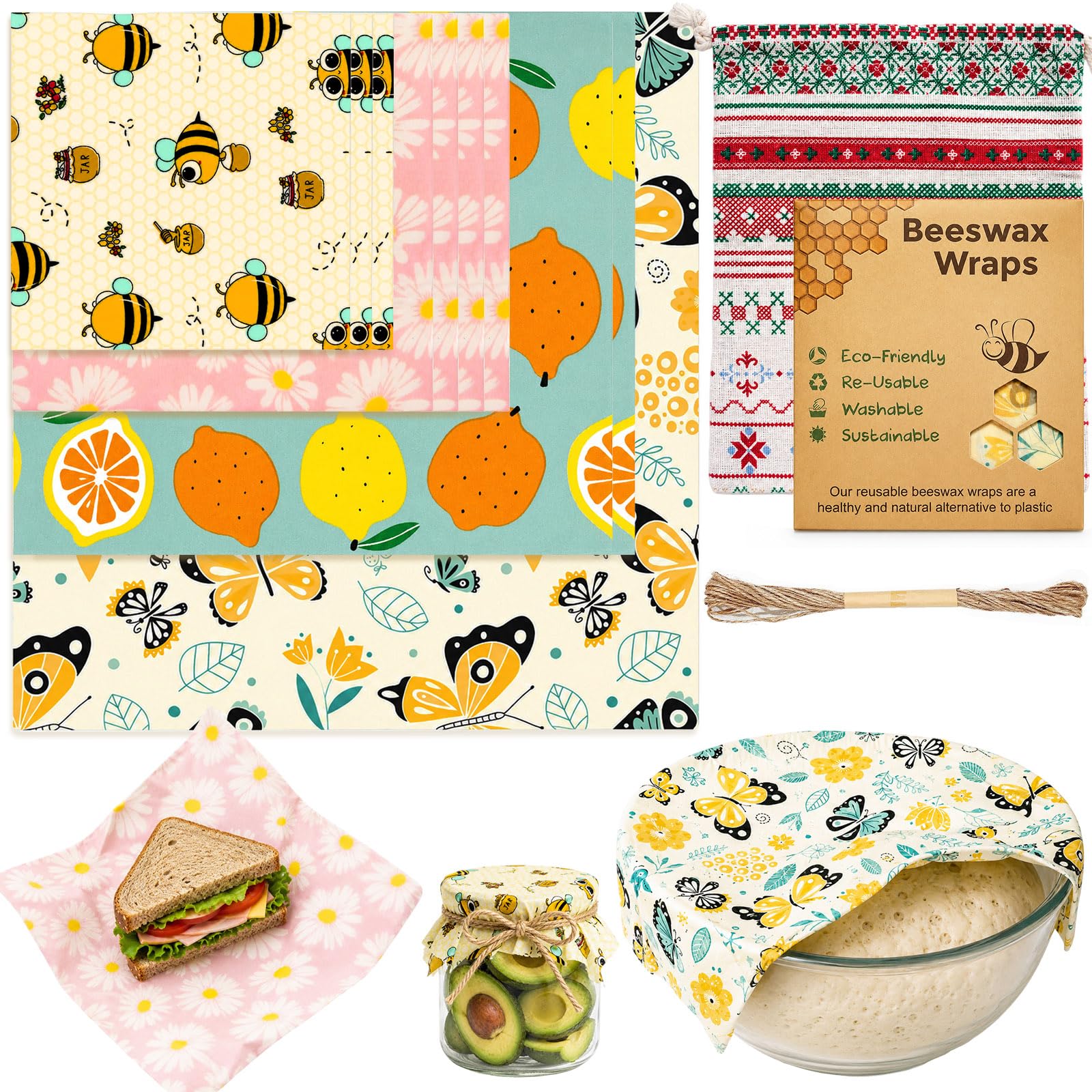 Amentalove 10PCS Beeswax Food Wraps 4 Sizes, Organic Cotton Bees Wax Wraps, Reusable Bees Wax Food Storage Wrap for Food with Cotton-Linen Bag and Hemp Rope for Cheese Fruit Sandwich Bread Bowl