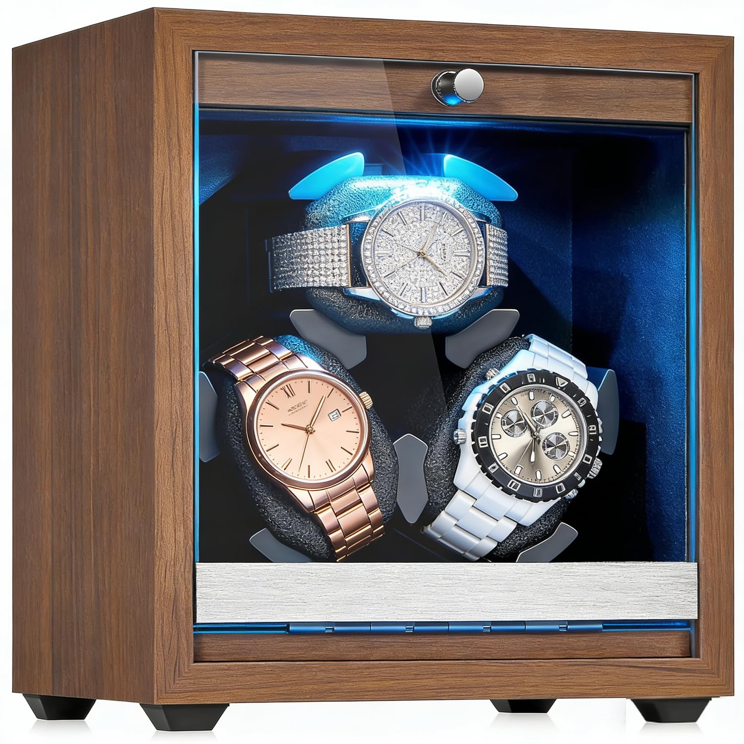 Carica Orologi Automatici Watch Winder, Scatola del Tempo per Orologi 3 Posti in Legno di Noce, Porta Orologio Automatico con 5 Modalità e Arresto Apertura