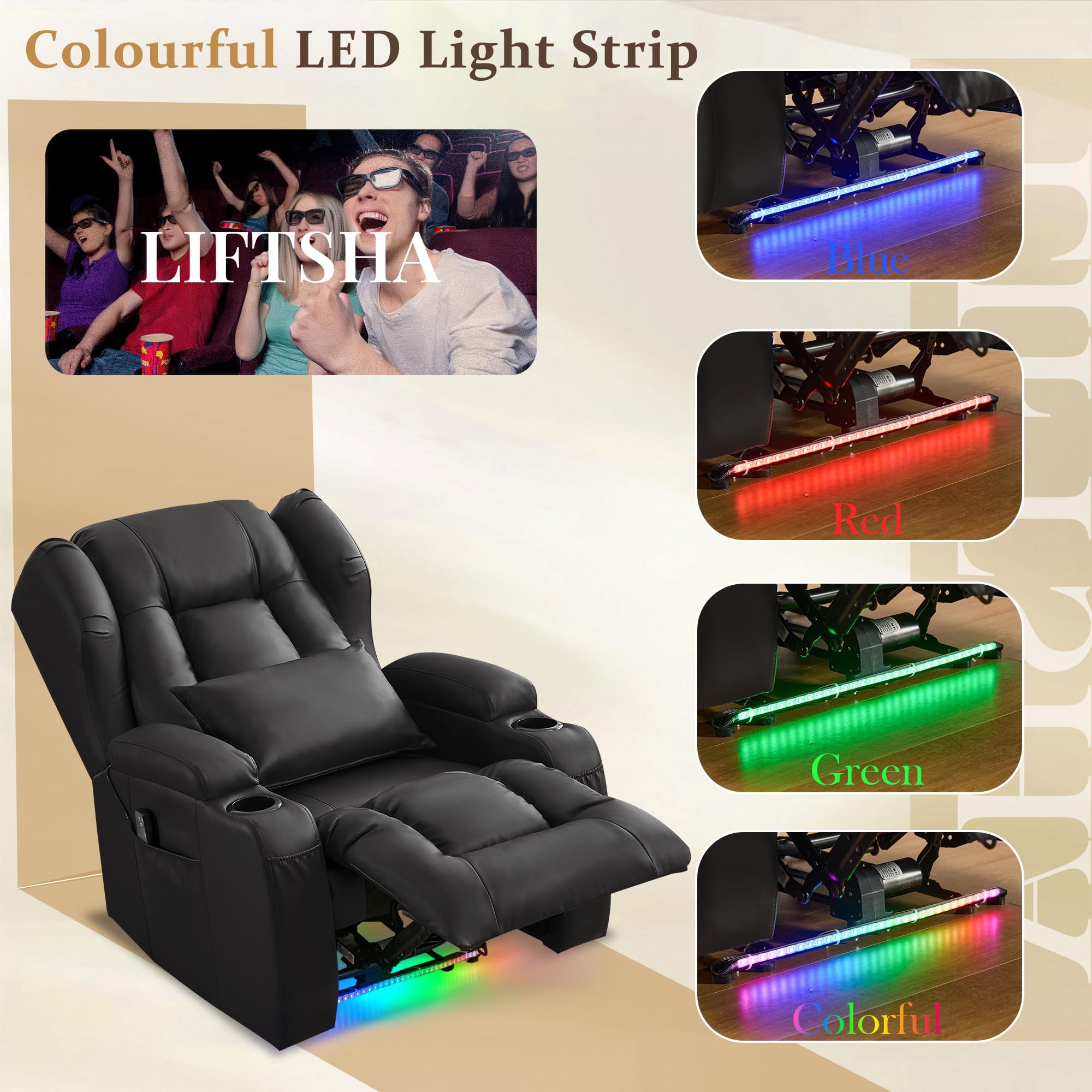 Elektrischer Relaxsessel mit Liegefunktion, TV Sessel mit Heizung & Vibrierende Massage, Lederimitat Heimkinositze mit LED Streifen für Wohnzimmer, USB-Anschl¨¹sse, bis 150 kg (Schwarz)