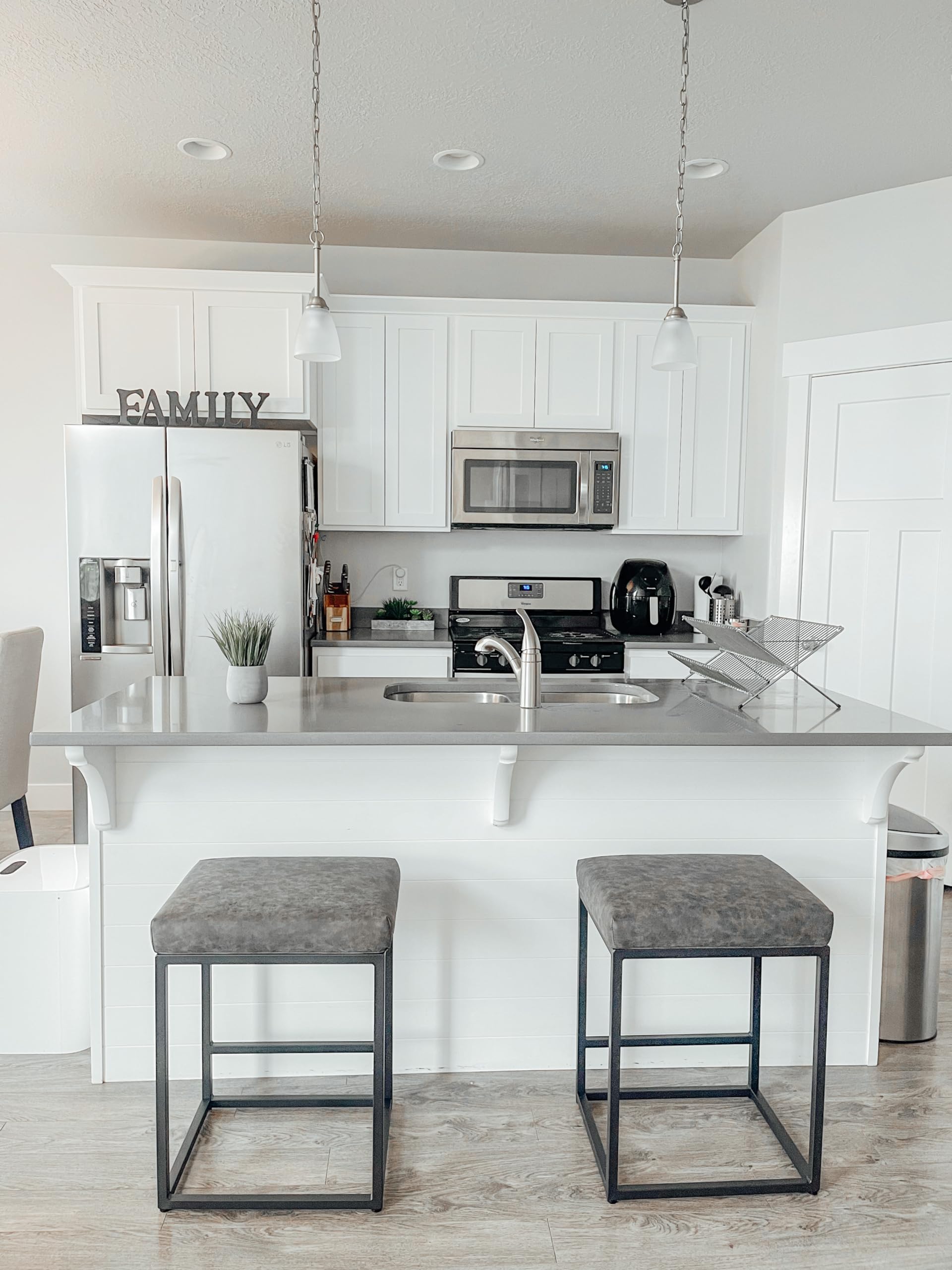 PHI VILLA Bar Stools set of 3 - Thick Cushion Metal Steel Frame Base with Footrest Kitchen Stools, Grey Bar stools