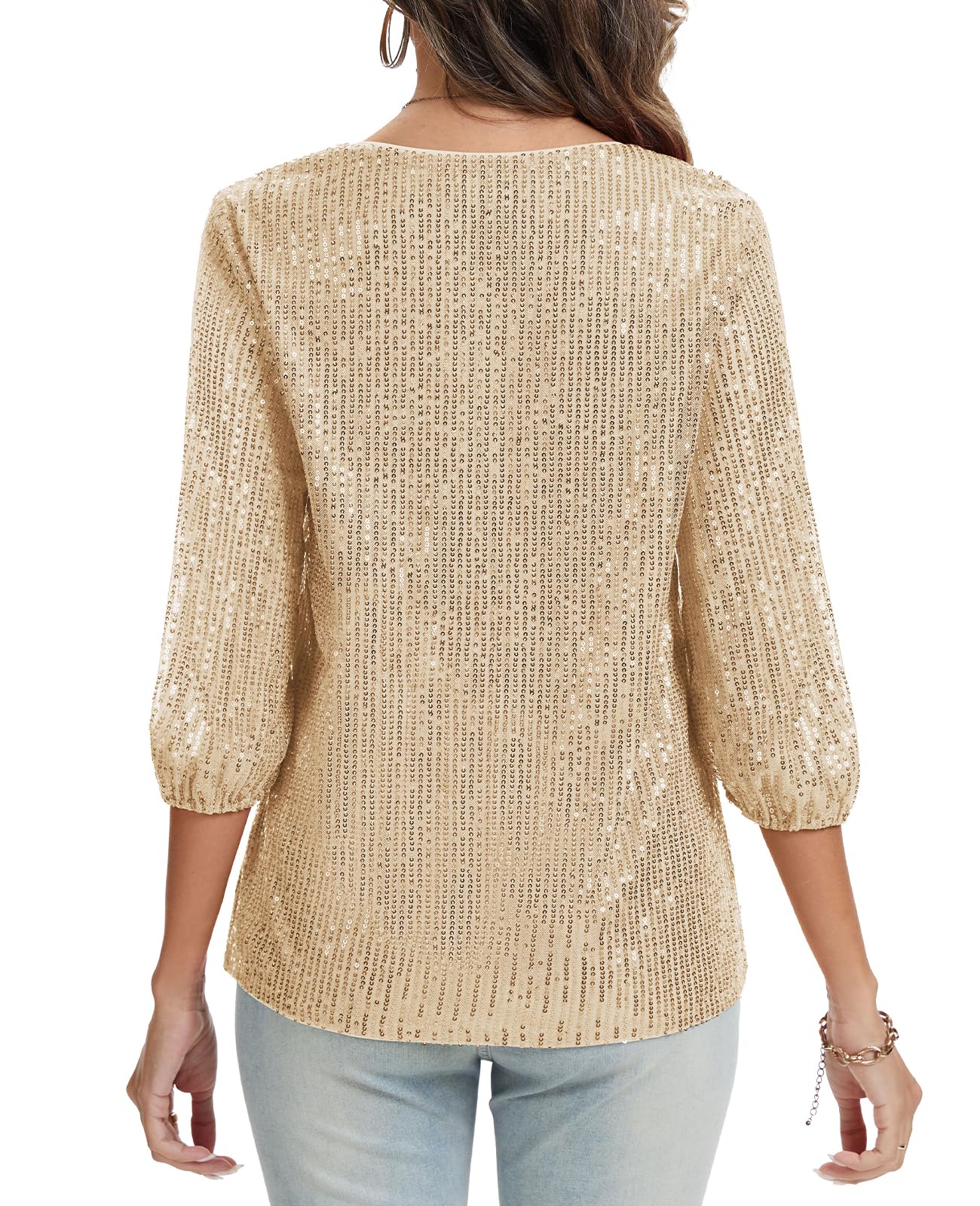 Top da donna con scollo a V con paillettes maniche a 3/4 con polsino elastico, camicie per feste da sera, corpo intero con glitter scintillanti, abito elegante completamente foderato