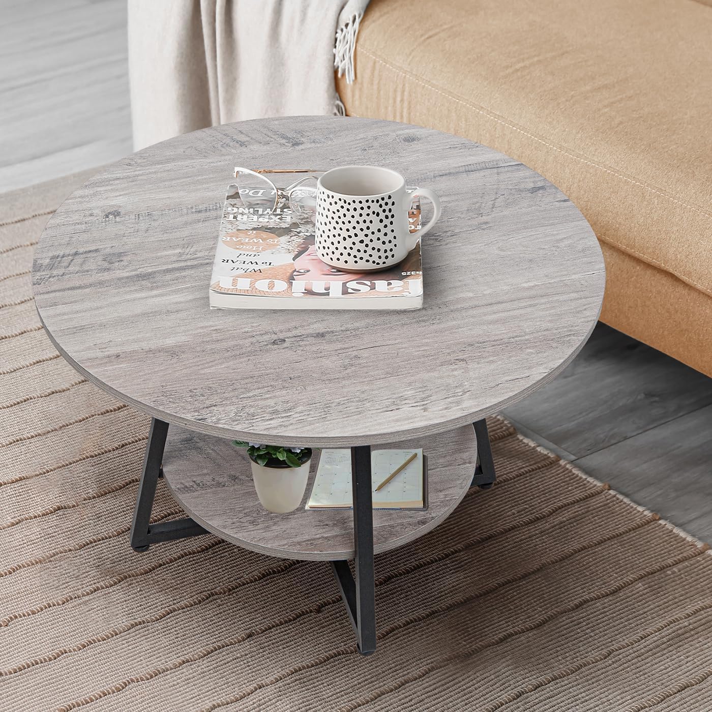 Round Coffee Table, 2-Tier Circle Coffee Table with Storage, Modern Wood Round Center Table, for Living Room, Small Space, Home Office, Easy Assembly, Wash Gray