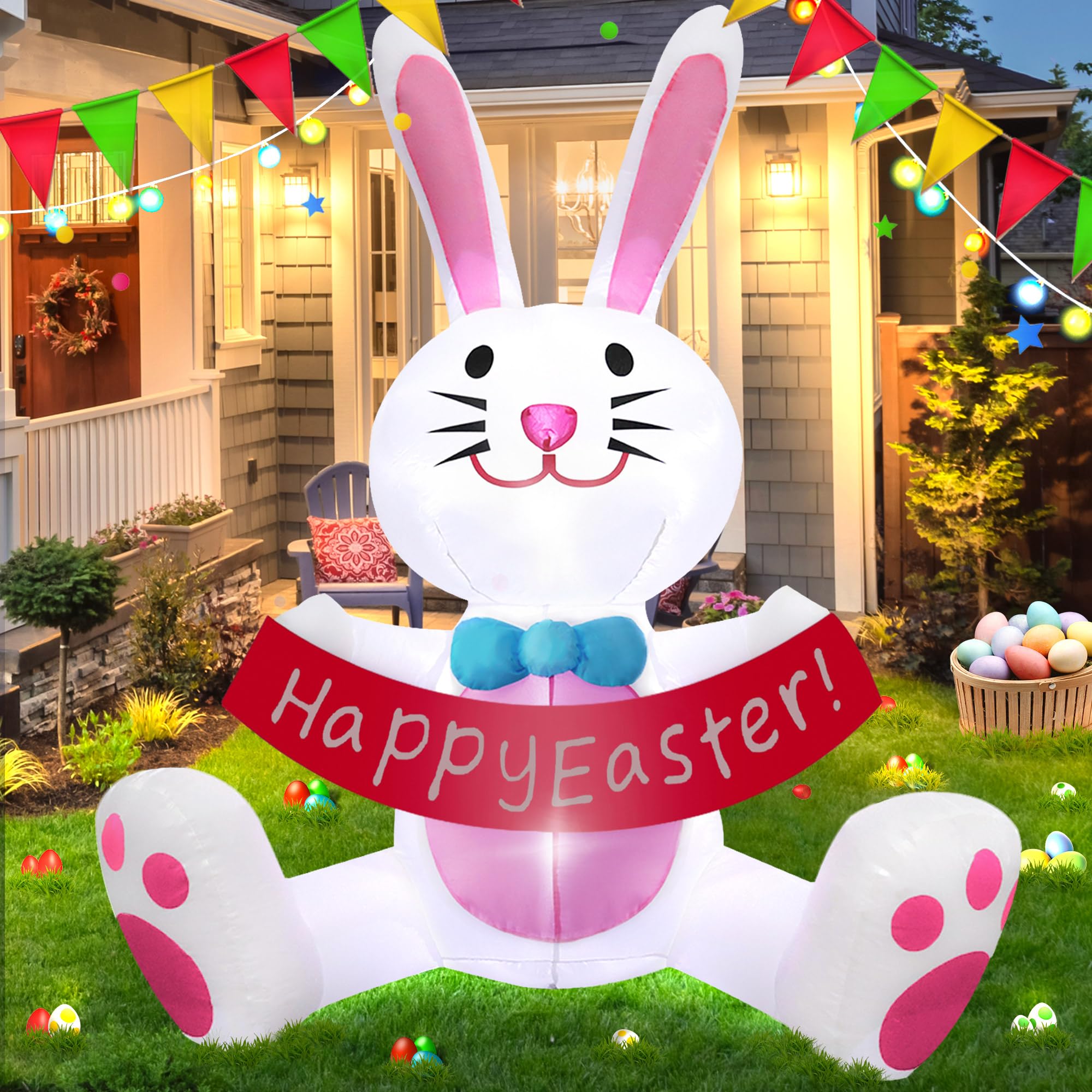5FT Easter Inflatables Outdoor Decorations Easter Bunny Holds Banner with LED Lights Blow Ups Decor for Yard Outside Indoor Party Home Garden Lawn Holiday