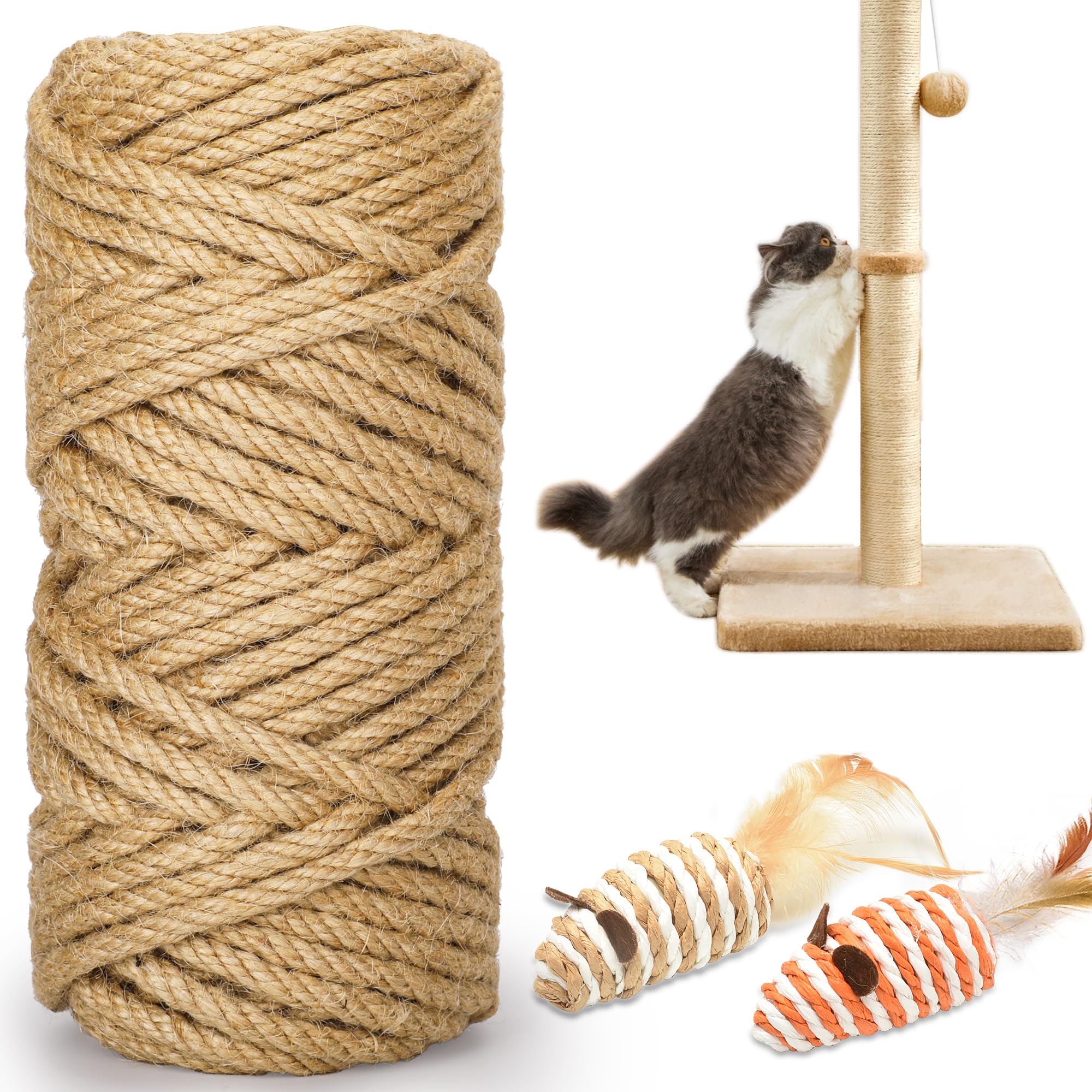 HezzLuv 98FT/30M Cat Scratching Sisal Rope, 6mm 1/4 inch Thick Natural Jute Rope for Scratch Posts, Cat Trees, DIY Projects, Sisal Rope for Cat Scratcher with 2 Cat Mouse Toys (Natural, 98ft)