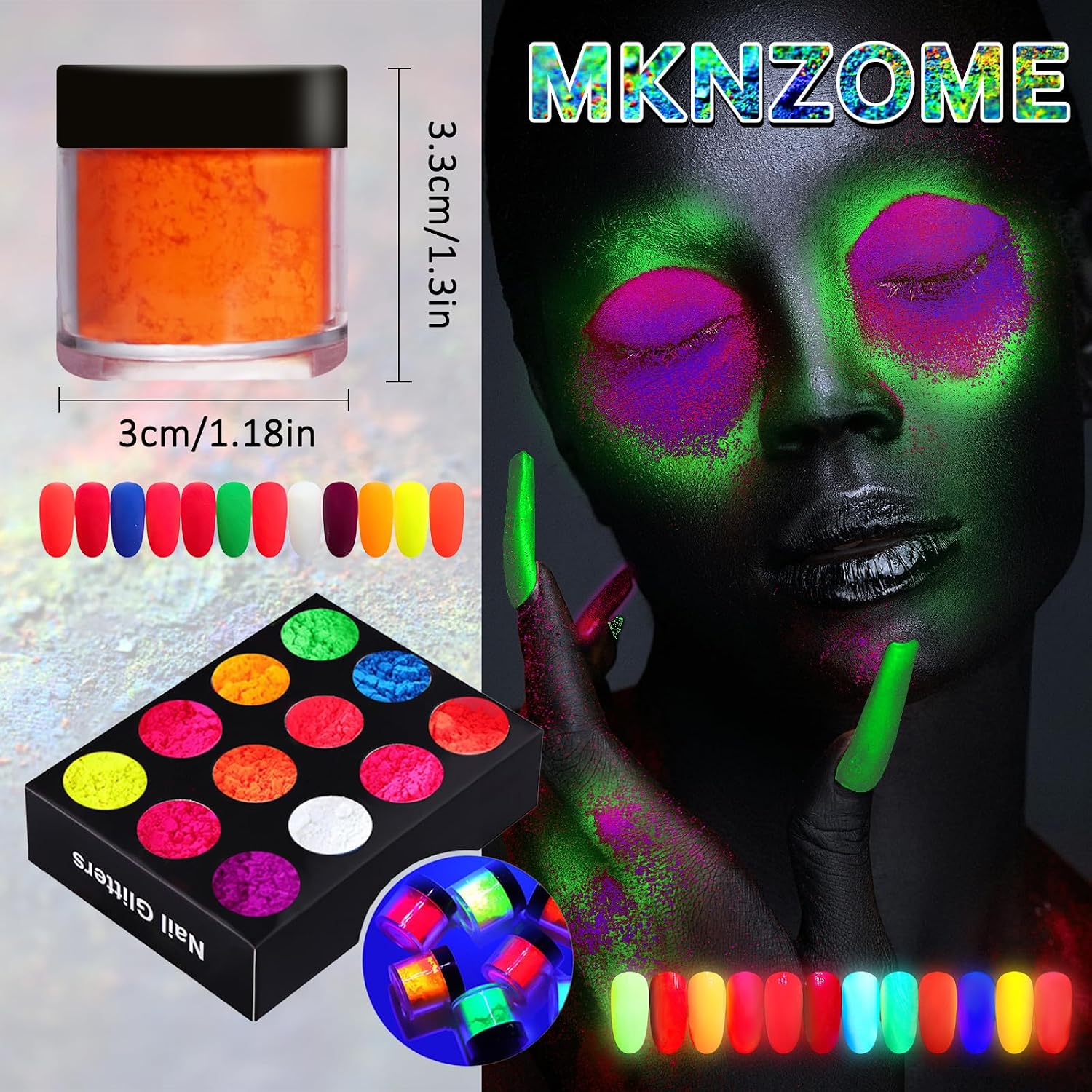 Fluorescent Nail Powder, Neon Phosphor Pigment Powder Set, Ultrafine Luminous Shimmer Waterproof Glitter Eyeshadow for DIY Nail Decoration, 12 Colors