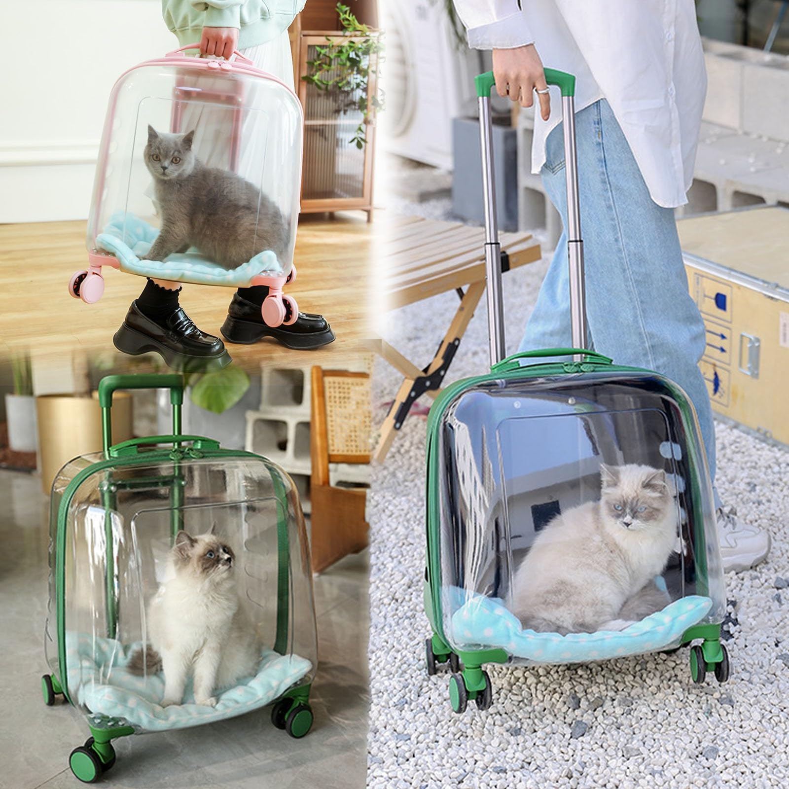 Maleta Portátil con Ruedas Cápsula Espacial Transpirable Maleta para Gatos Gran Capacidad, Mochila para Gatos Transparente (Color : Green Translucent)