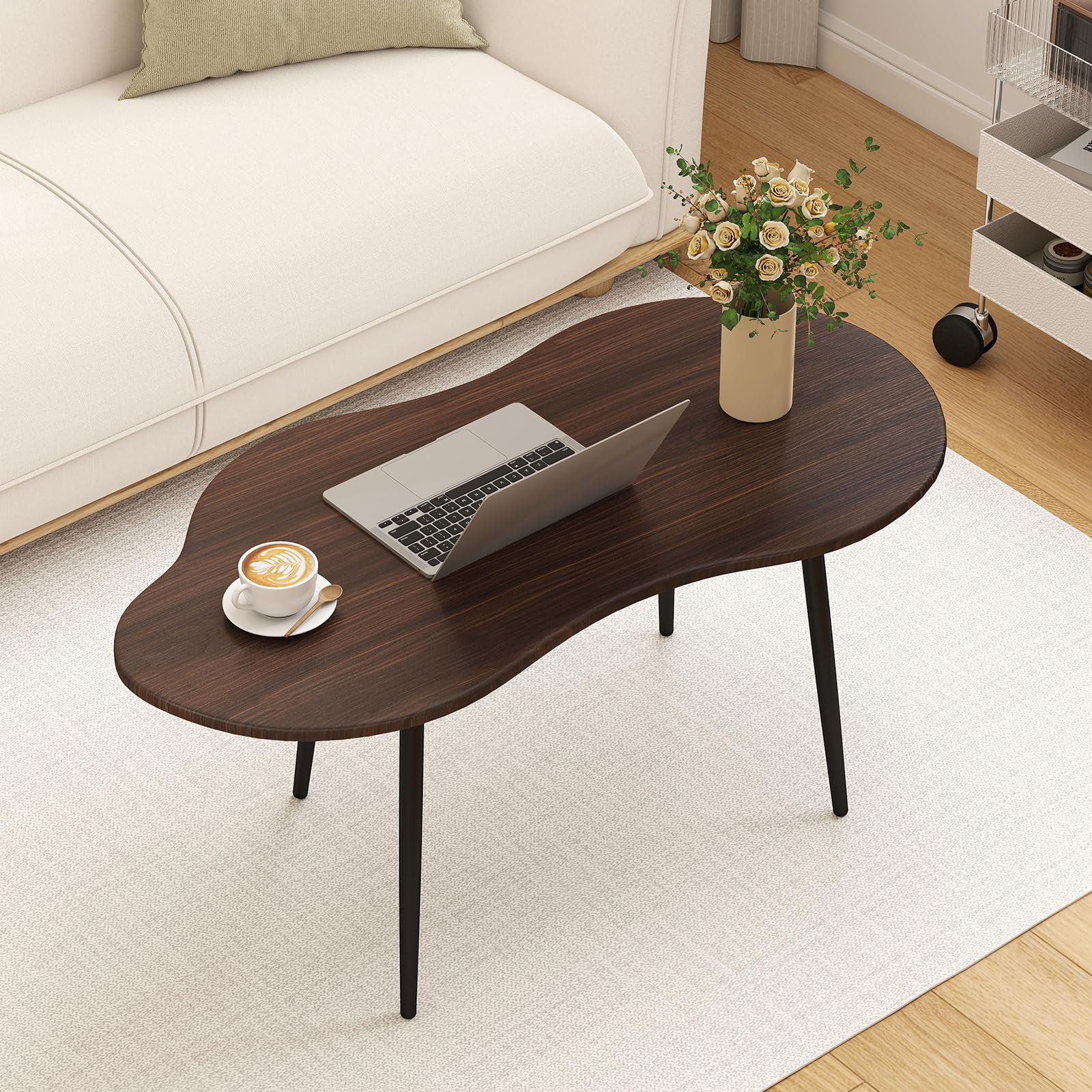 COSTWAY Mesa de Centro con Forma de Nube, Mesita Central Irregular Moderna con Estructura Metálica, Mesita Auxiliar de Madera Decorativa para Saon Oficina Espacios Pequeños, 100 x 50 x 44 cm (Nogal)