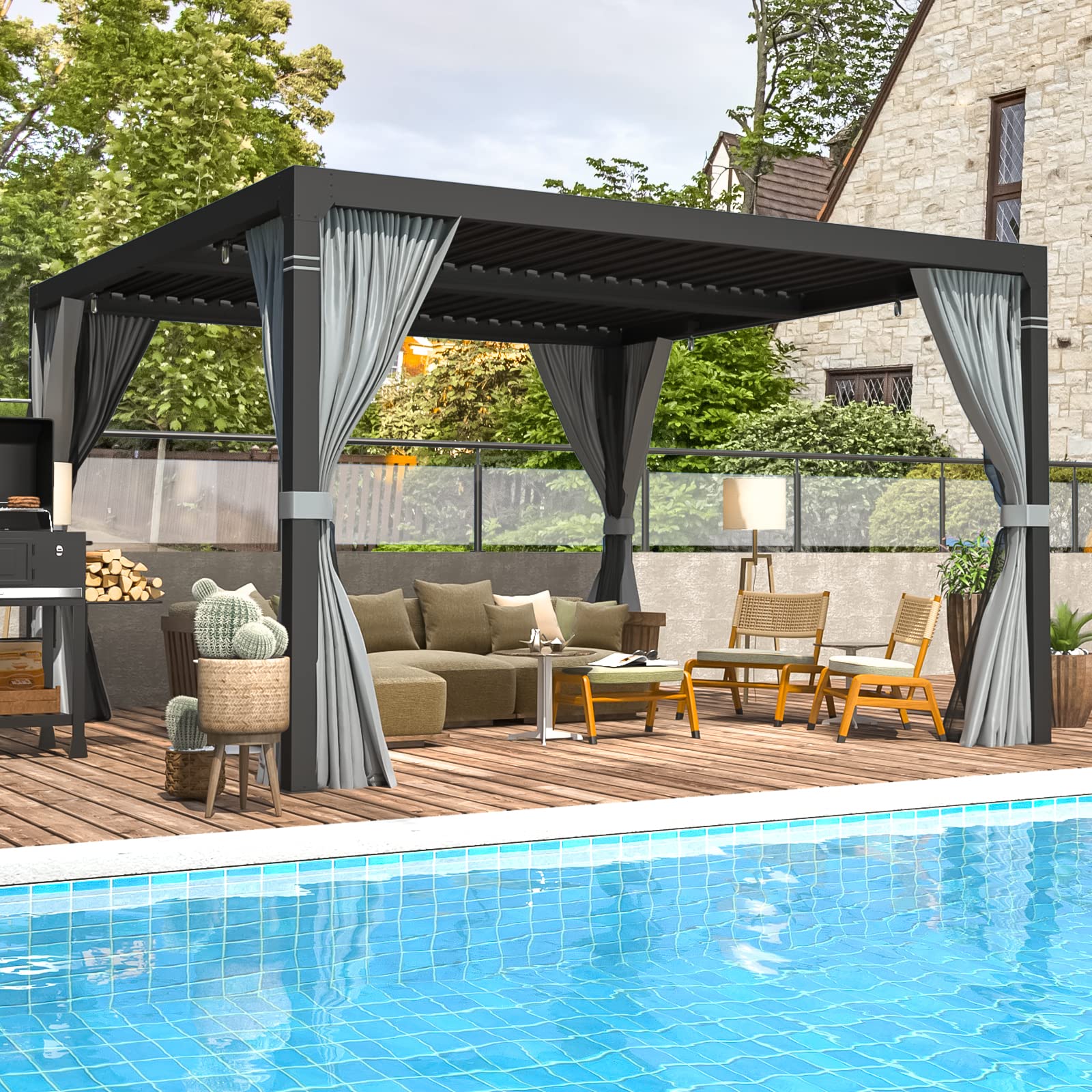 (incomplete) erommy louvered pergola 10' x 10' outdoor hard top gazebo with aluminum frame and adjustable metal rainproof roof for garden & patio, curtains and netting included, gray-black