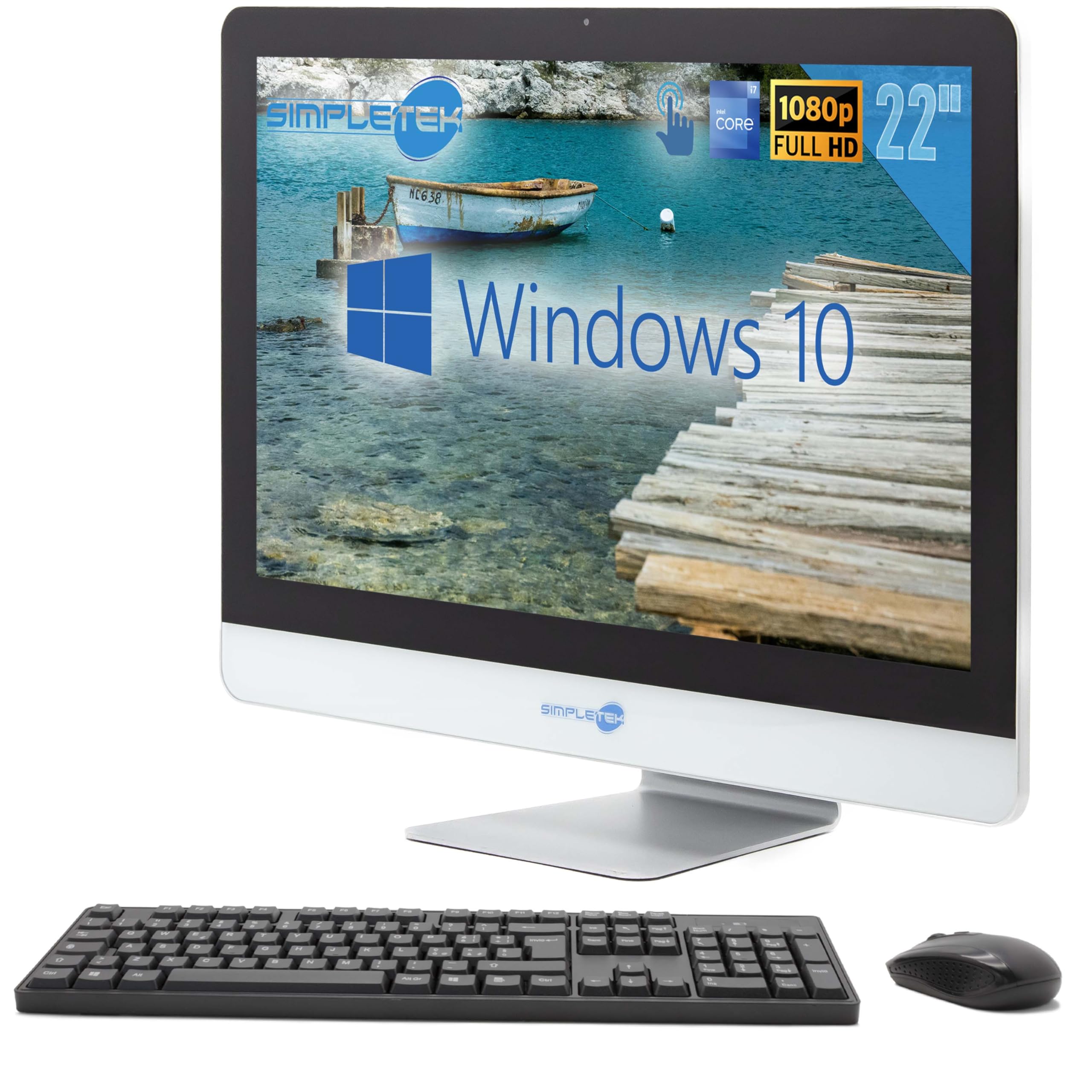 SIMPLETEK - Computer All in One con schermo touch 22” Full HD, Core i7 2.8GHz, 16GB RAM, doppio SSD, webcam, altoparlanti integrati, mouse e tastiera wireless
