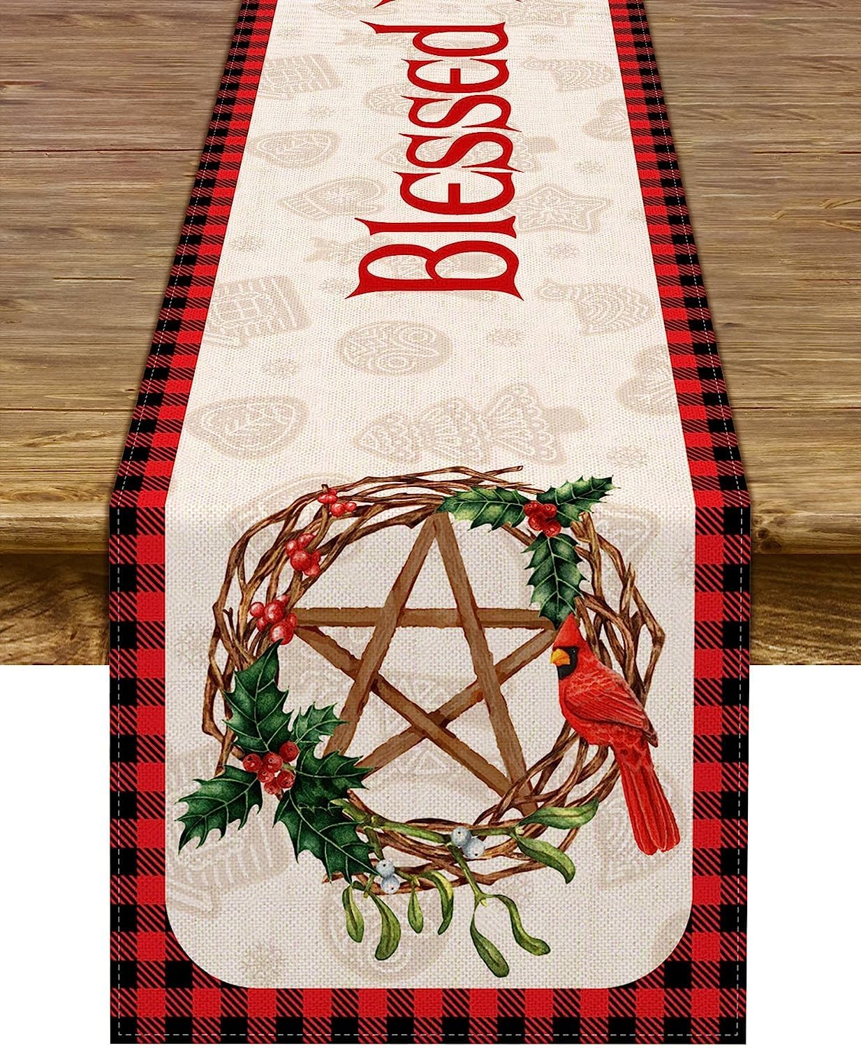 Blessed Yule Table Runner Buffalo Plaid Check Pagan Winter Solstice Holiday Fireplace Kitchen Dining Home Decoration (White, 13" x 108")