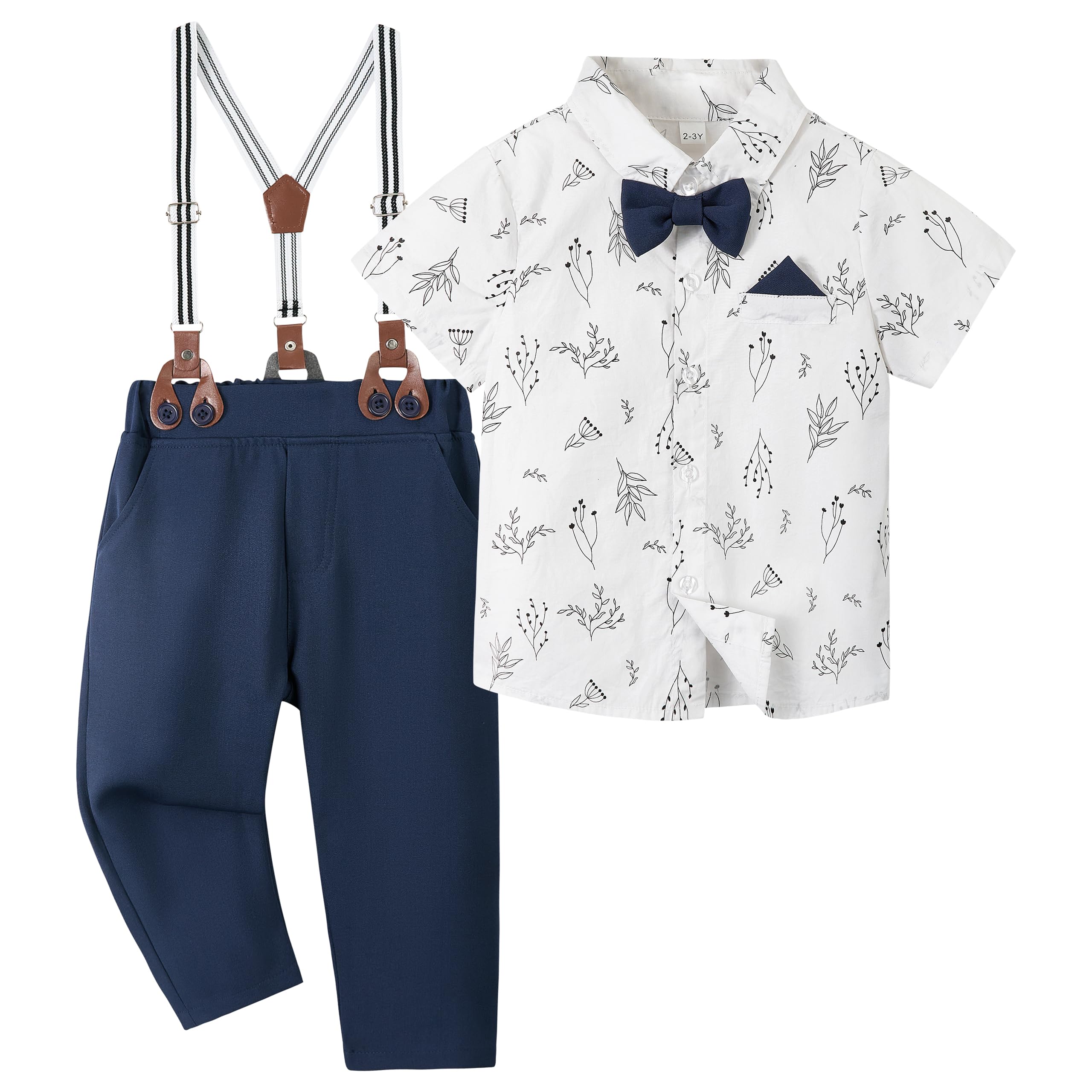 Volunboy Traje Formal para Bebé Niño, Pelele Manga Corta con Pantalón Tirantes, Boina y Pajarita, Conjunto Elegante Boda