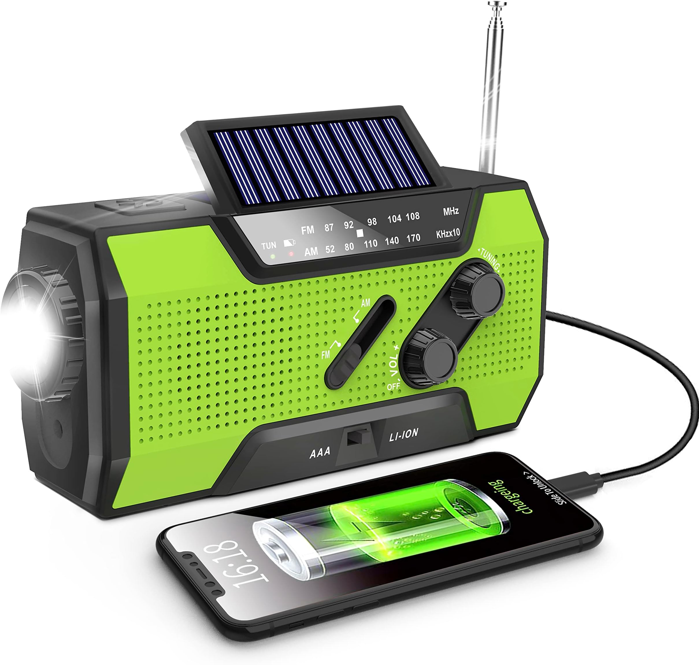 Wind Up Solar Radio,Solar Powered Radio Emergency Hand Crank Radio with Reading Lamp,LED Flashlight,2000mAh Power Bank and SOS Alarm by RunningSnail|Emergency Use for Camping,Hiking (MD-090) green