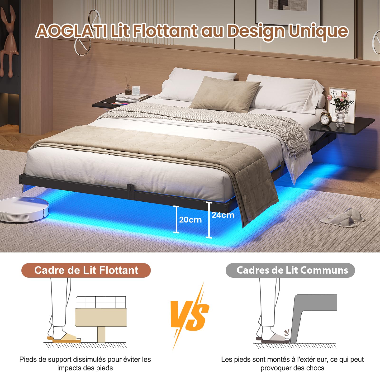 AOGLLATI Lit 2 Personnes avec 2 Étagères de Chevet,Cadre de Lit avec 140 x 190 avec Sommier Métal,Multiprise et Éclairage LED, 24 CM de Rangement pour Chambre, Noir